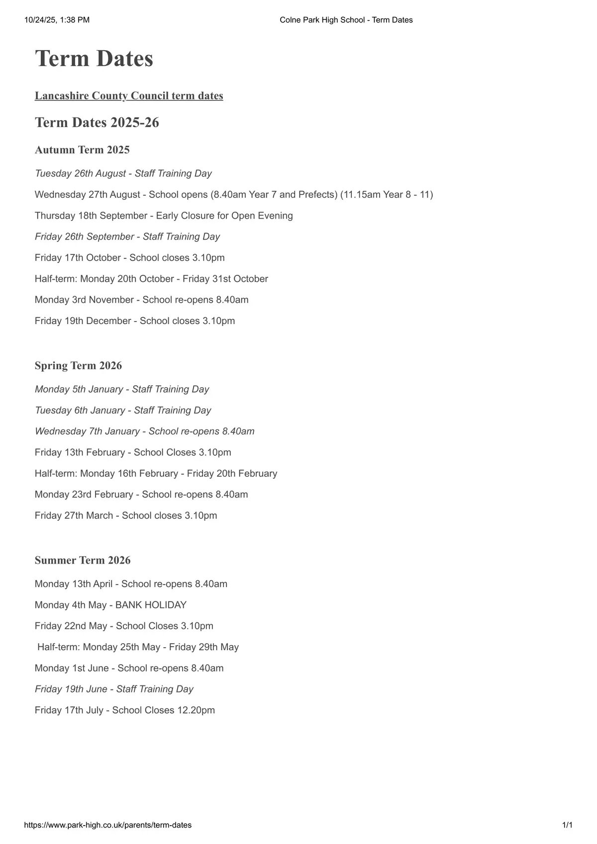 Colne Park High School term dates