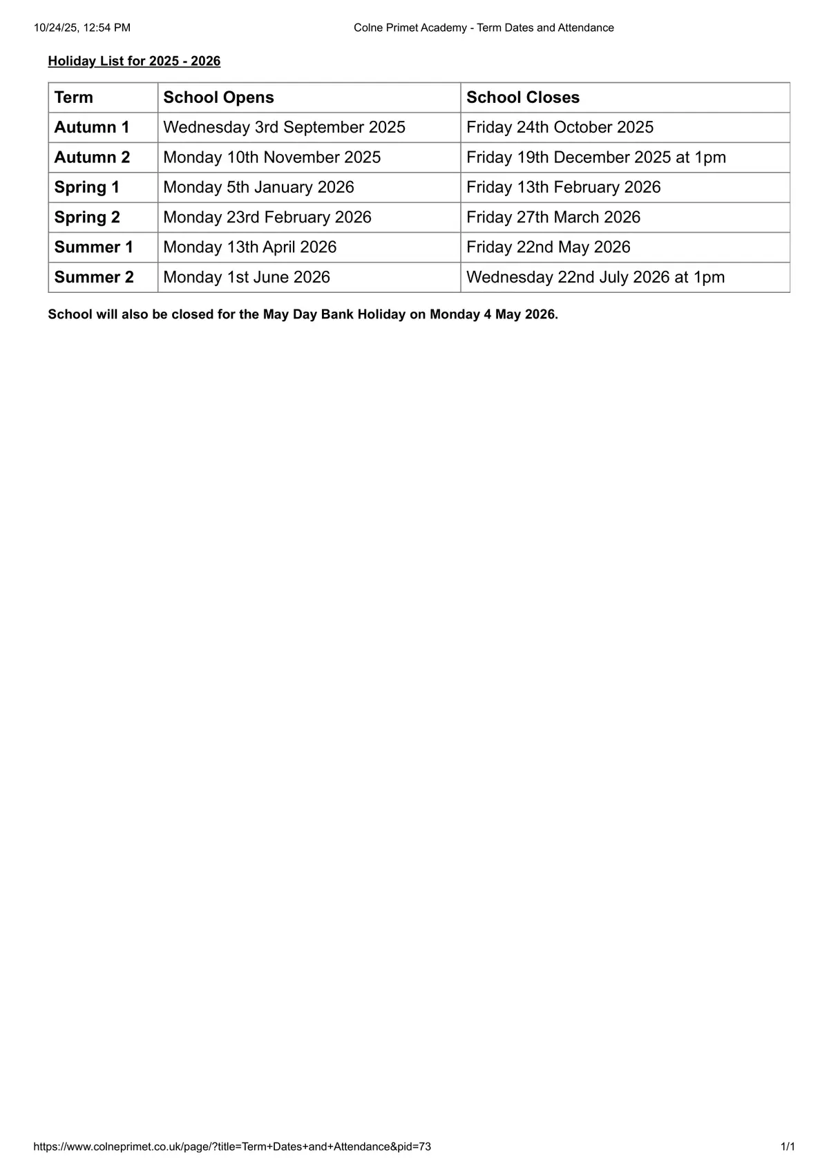 Colne Primet Academy term dates