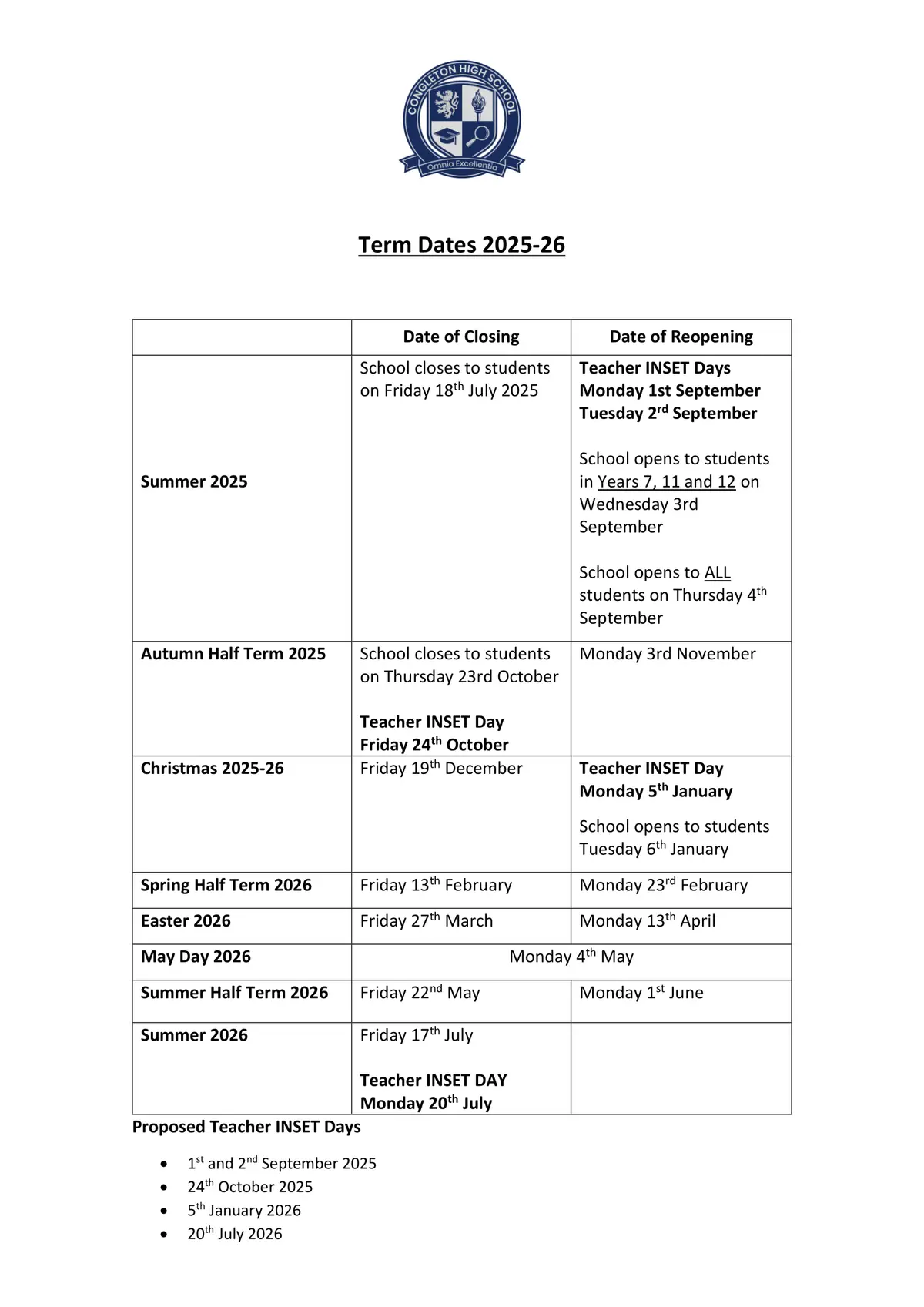 Congleton High School term dates