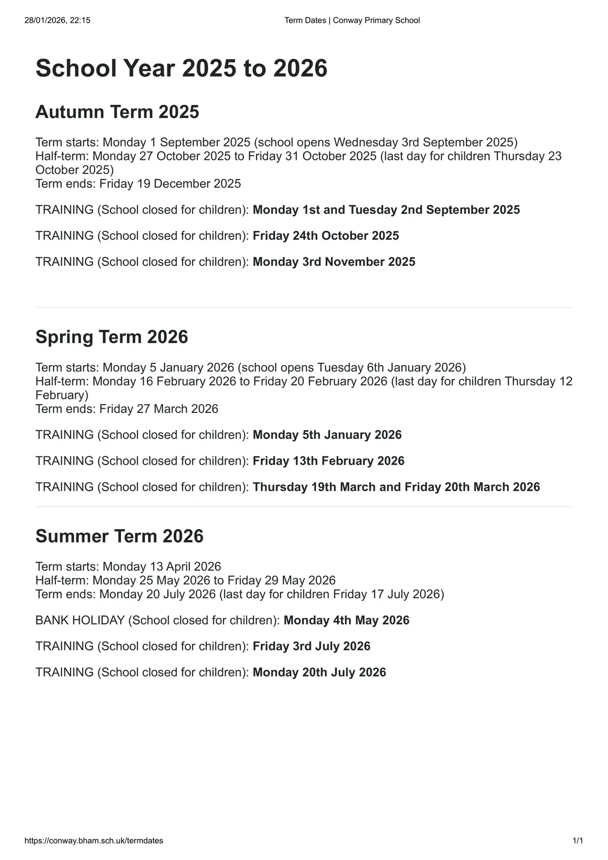Conway Primary School term dates