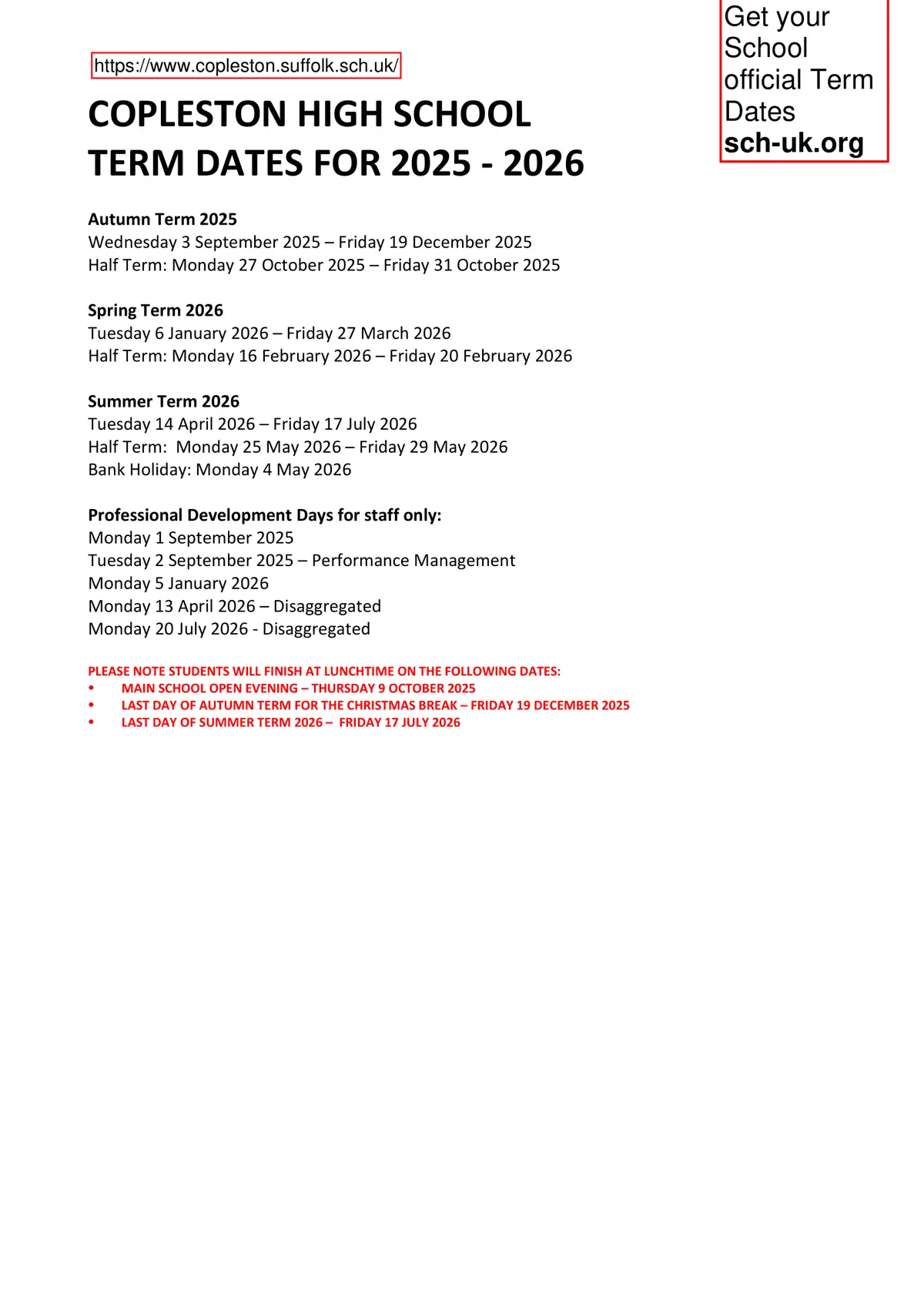 Copleston High School term dates