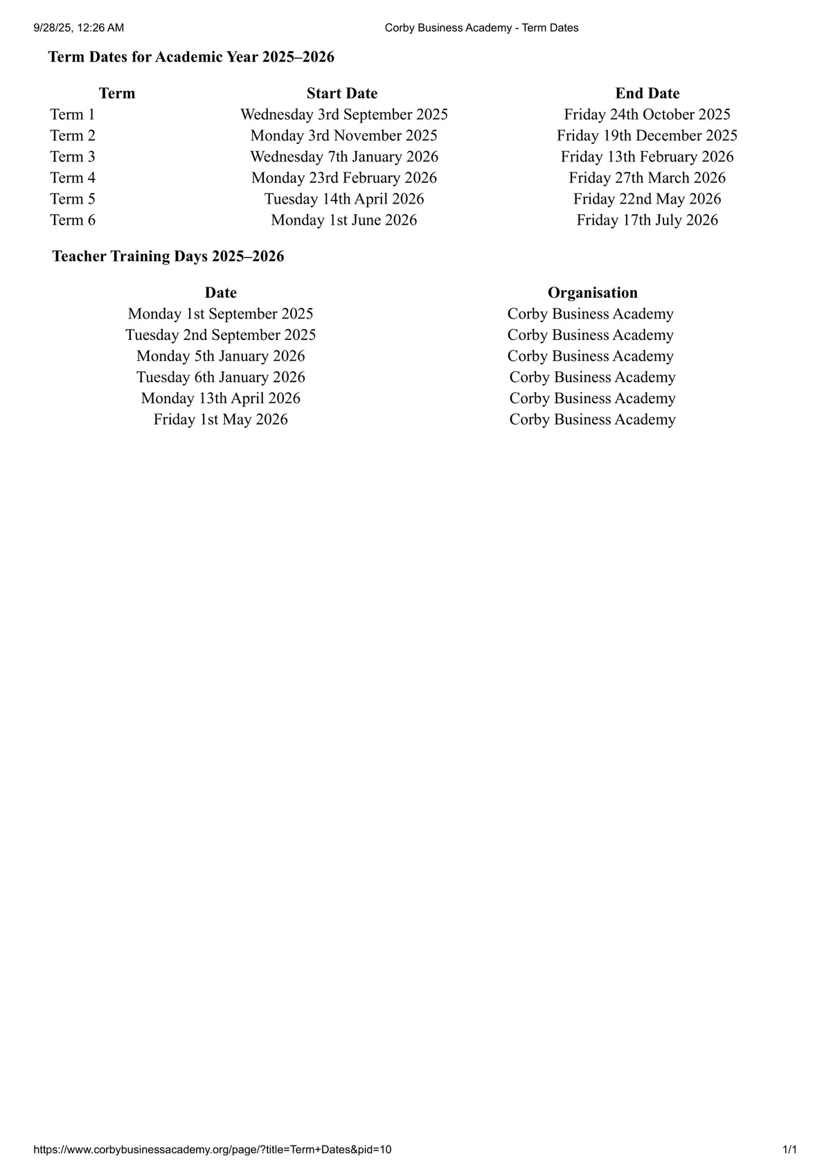 Corby Business Academy term dates