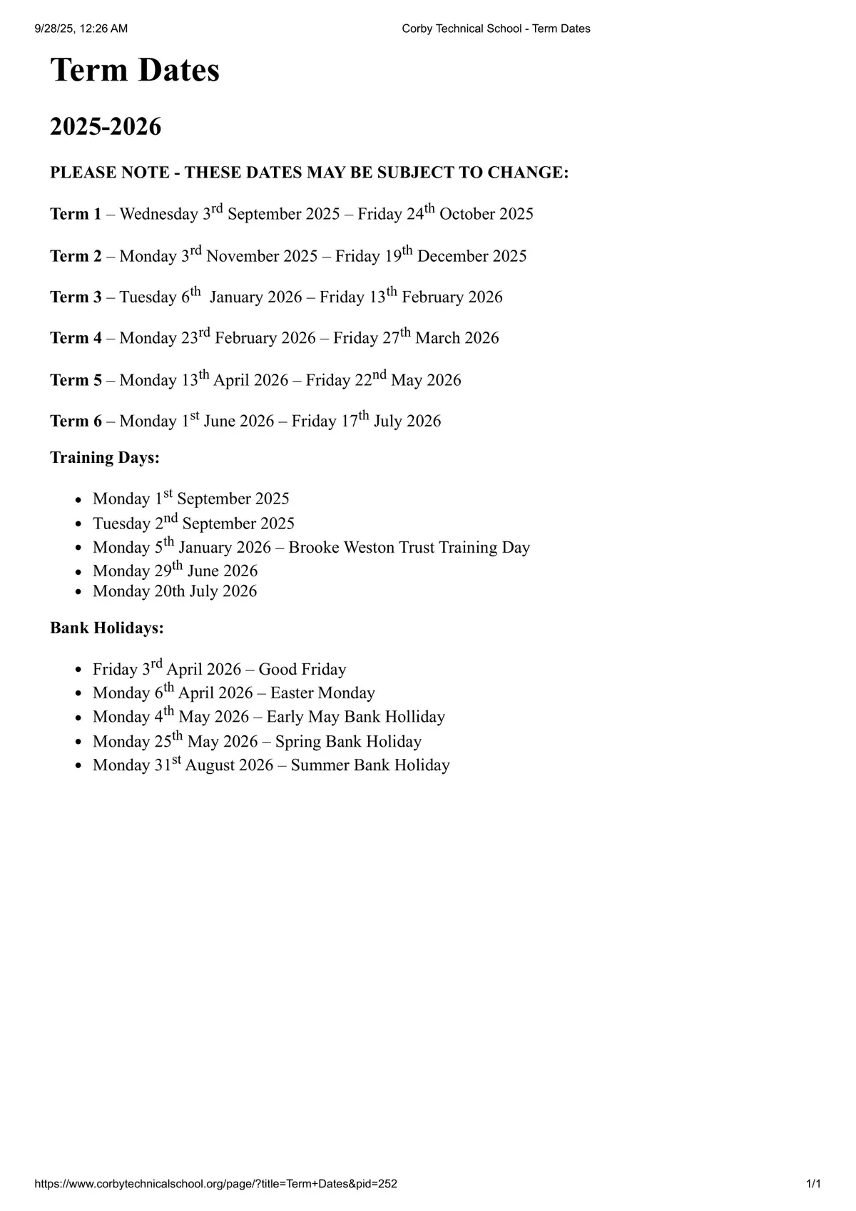 Corby Technical School term dates