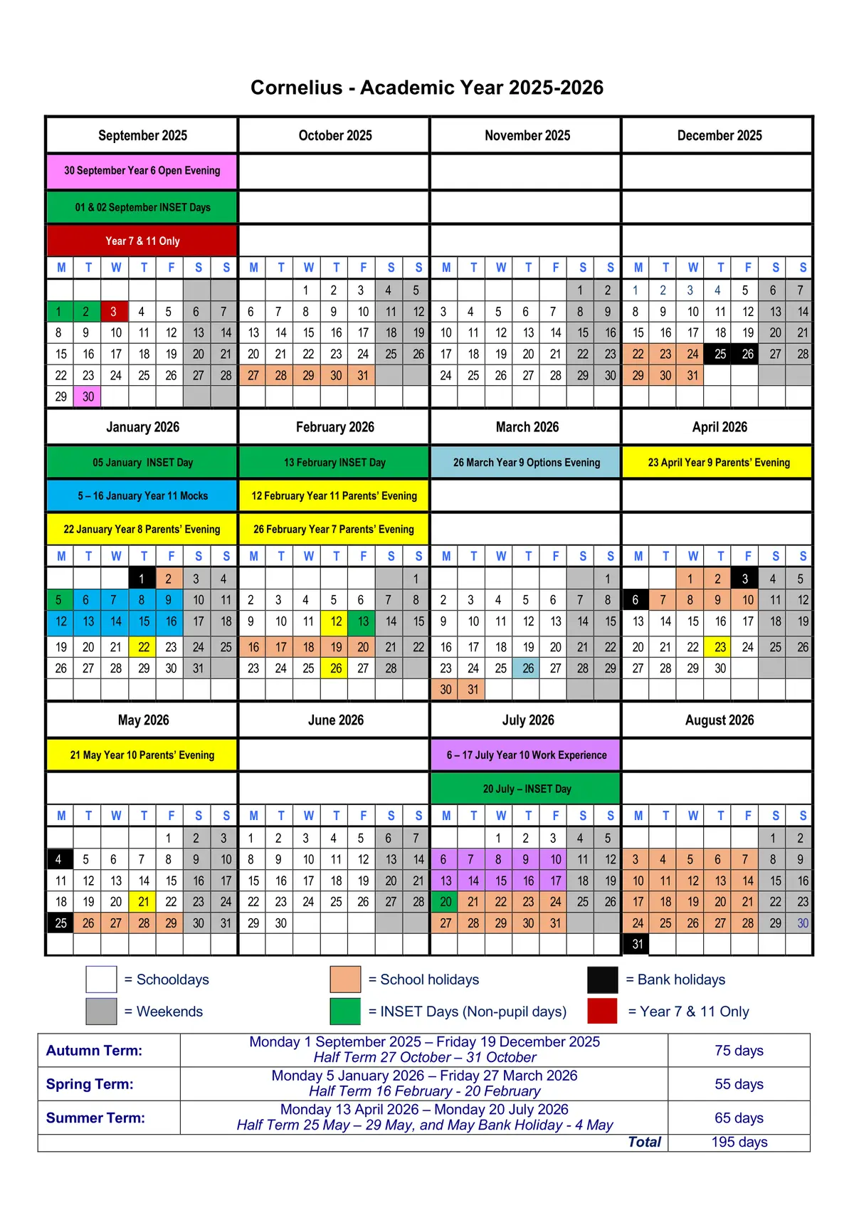 The Cornelius Vermuyden School term dates