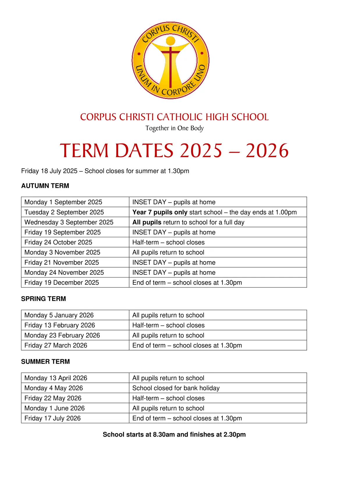 Corpus Christi Catholic High School term dates