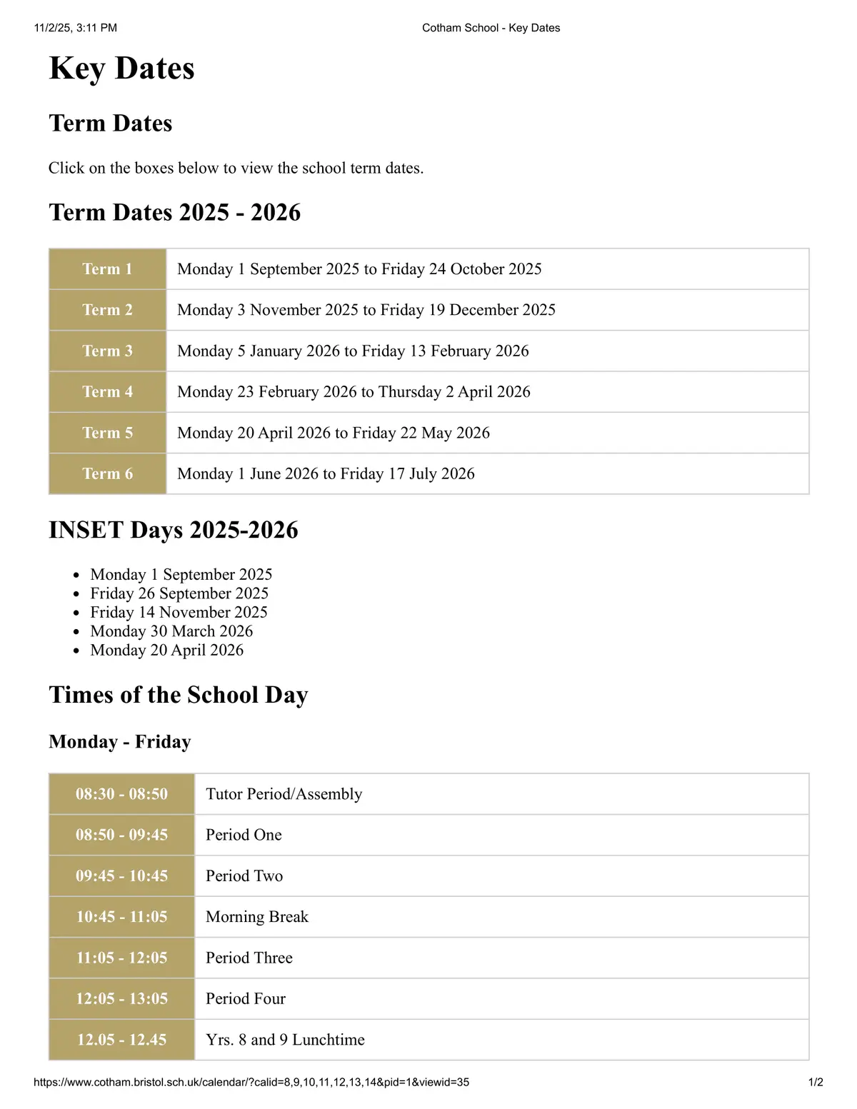 Cotham School term dates