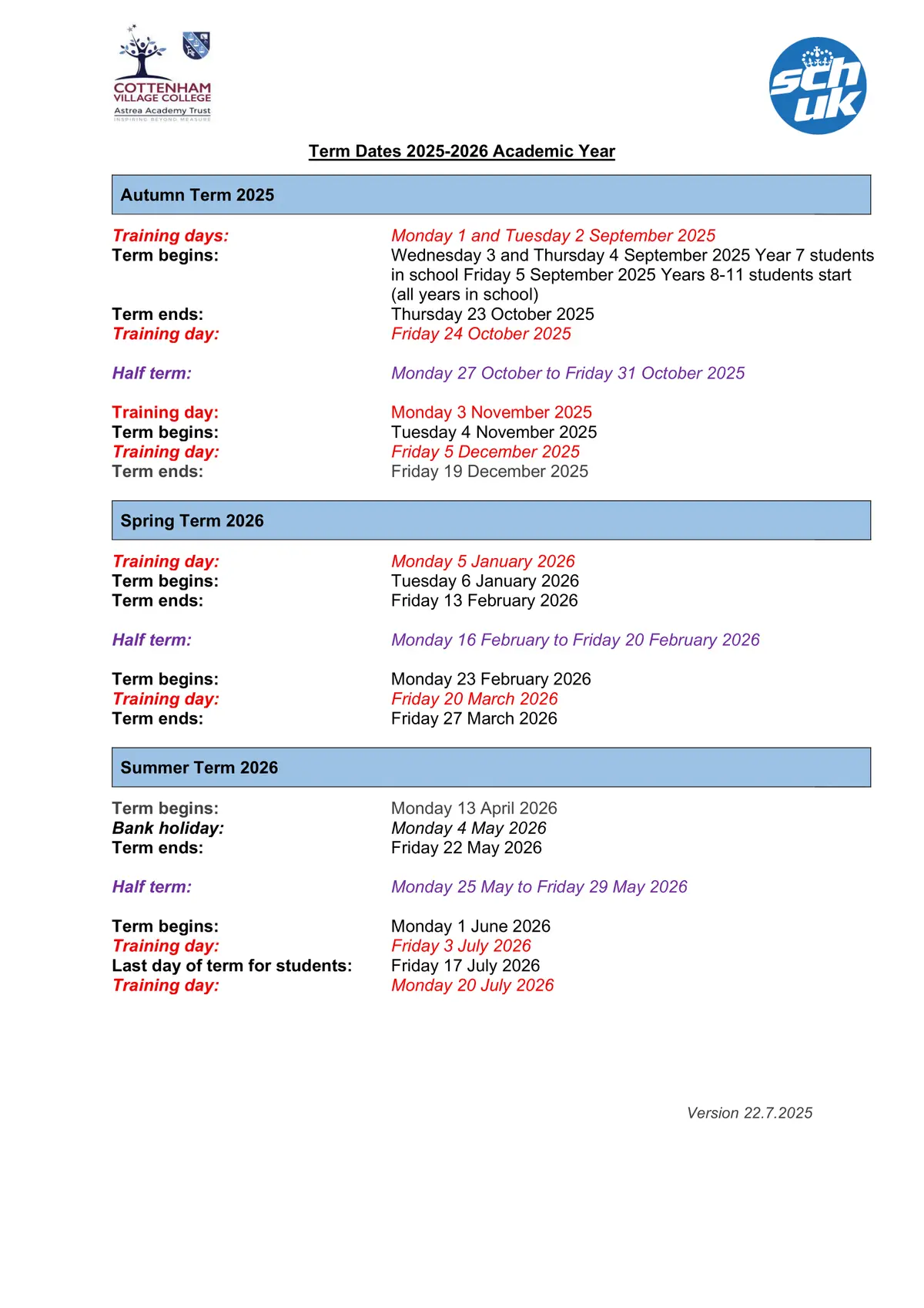 Cottenham Village College term dates