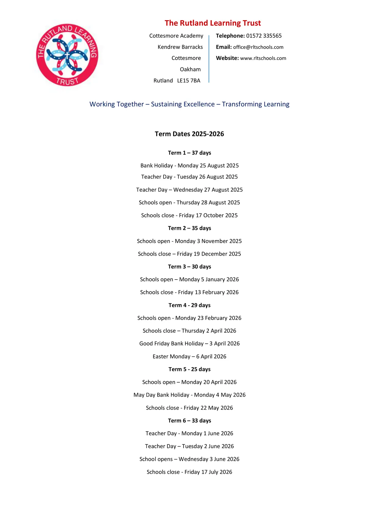 Cottesmore Academy term dates