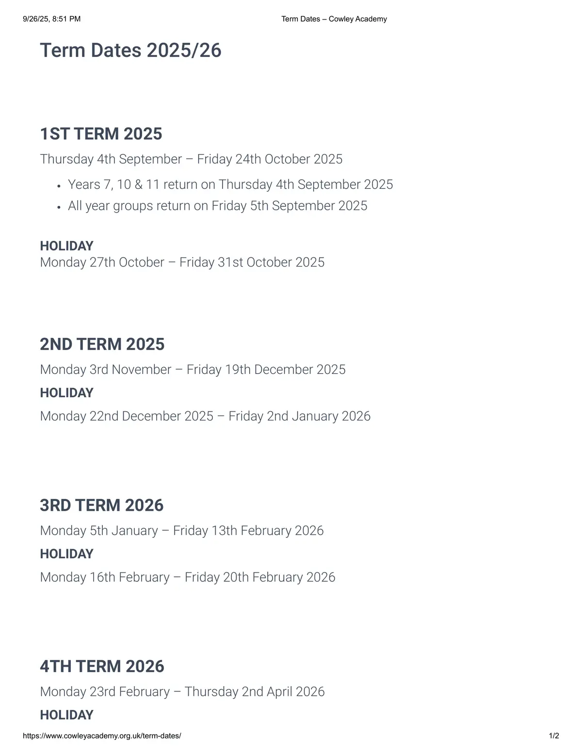 Cowley Academy term dates