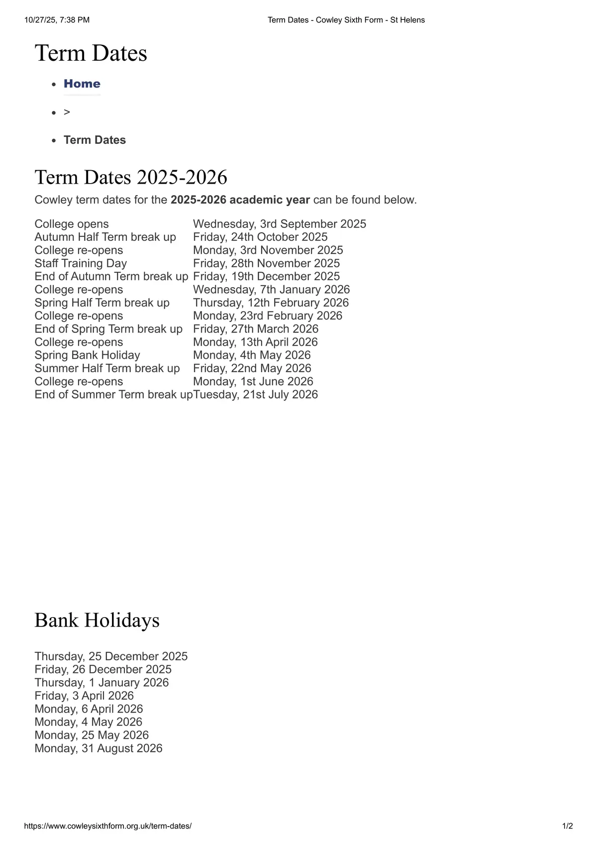 St Helens College term dates