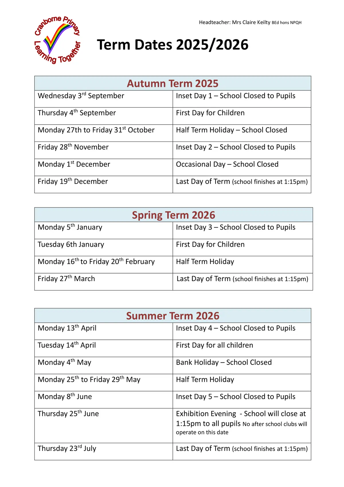 Cranborne Primary School term dates