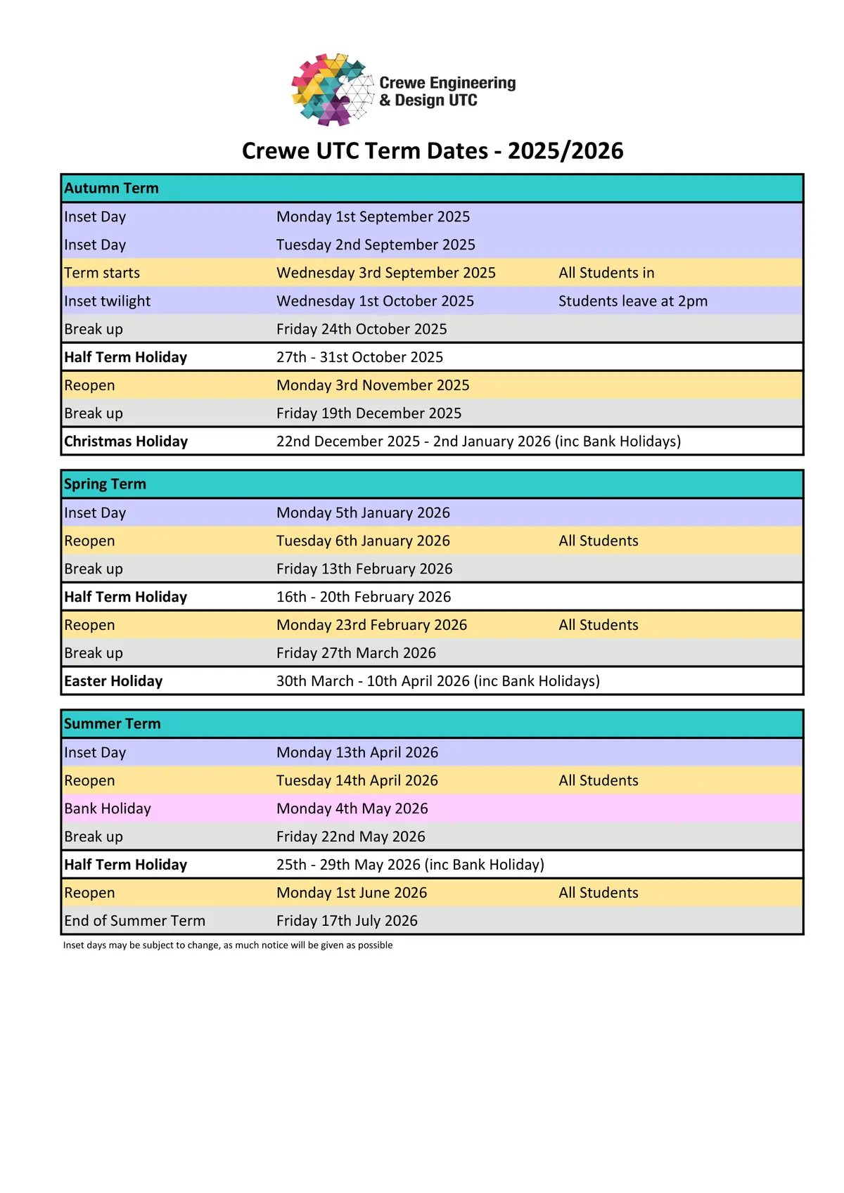 Crewe Engineering and Design UTC term dates