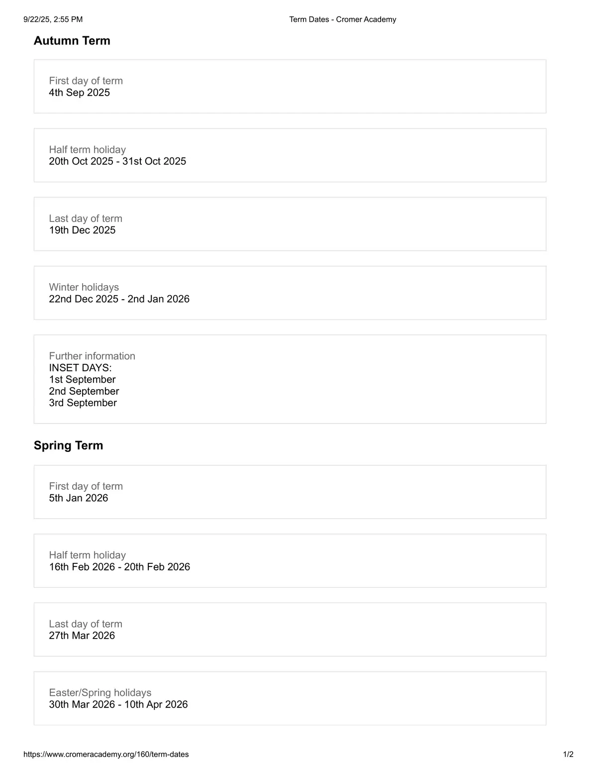 Cromer Academy term dates