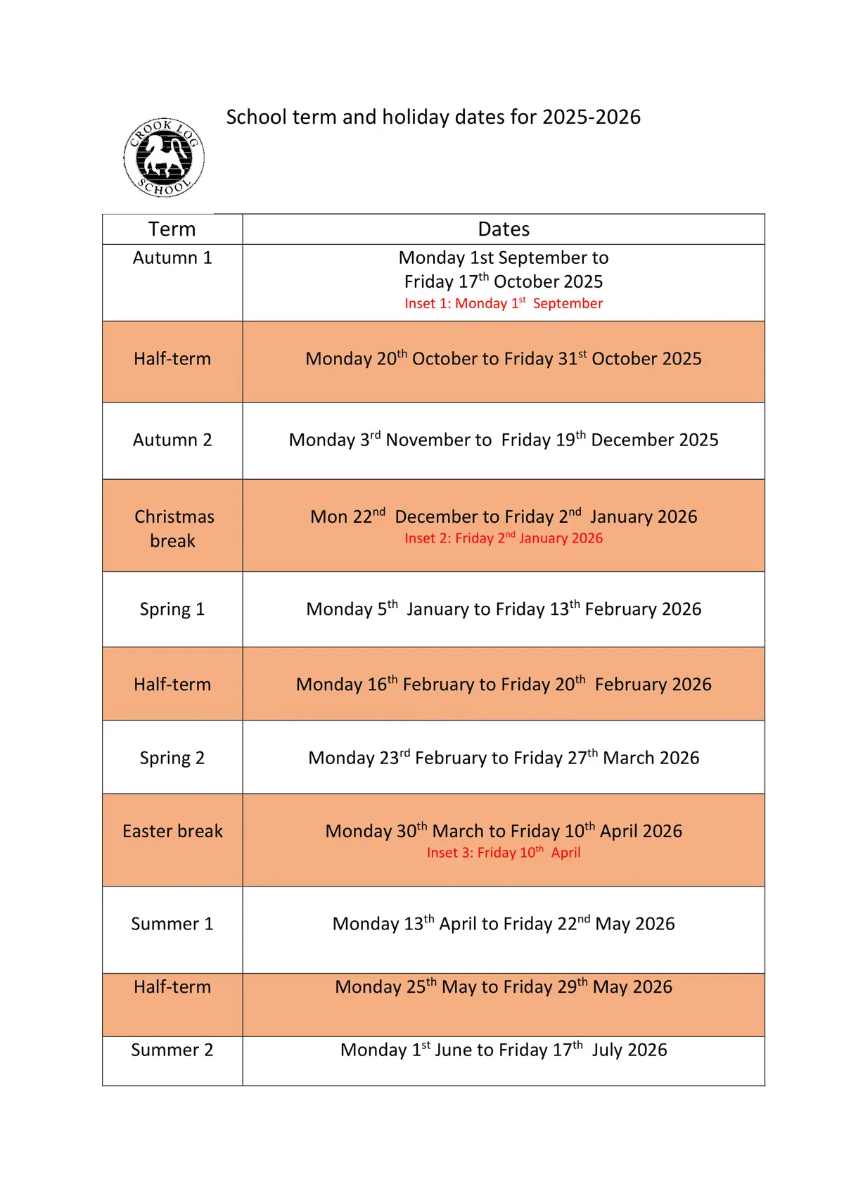 Crook Log Primary School term dates