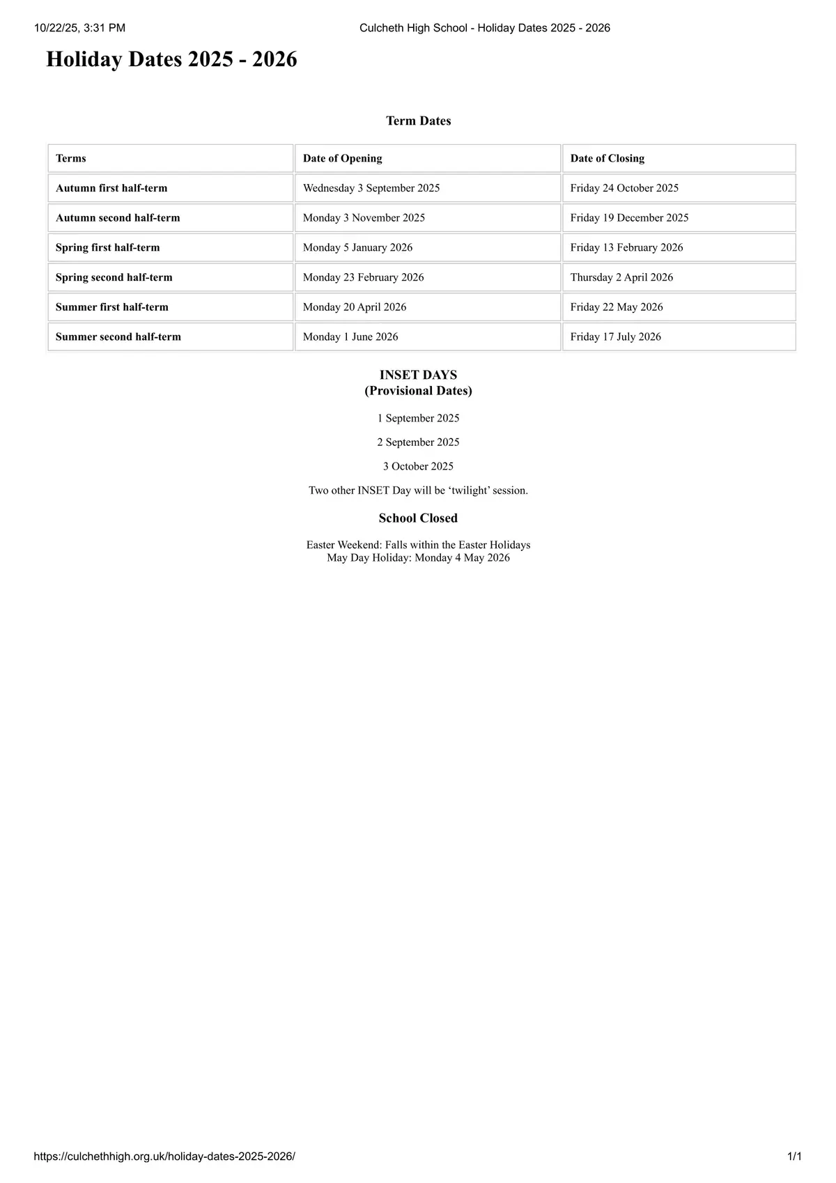 Culcheth High School term dates
