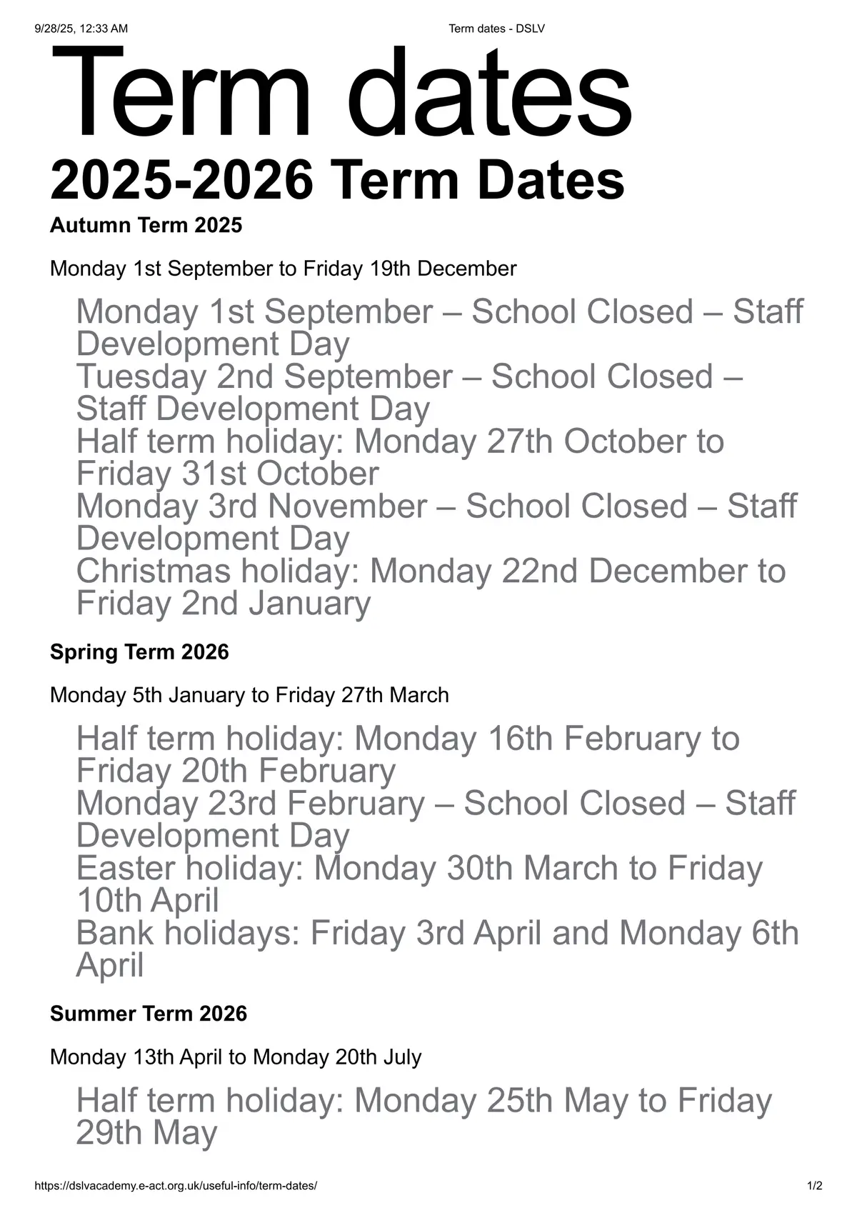 DSLV E-ACT Academy term dates