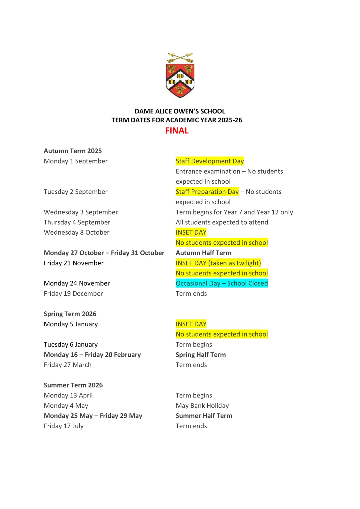 Fearnhill School term dates