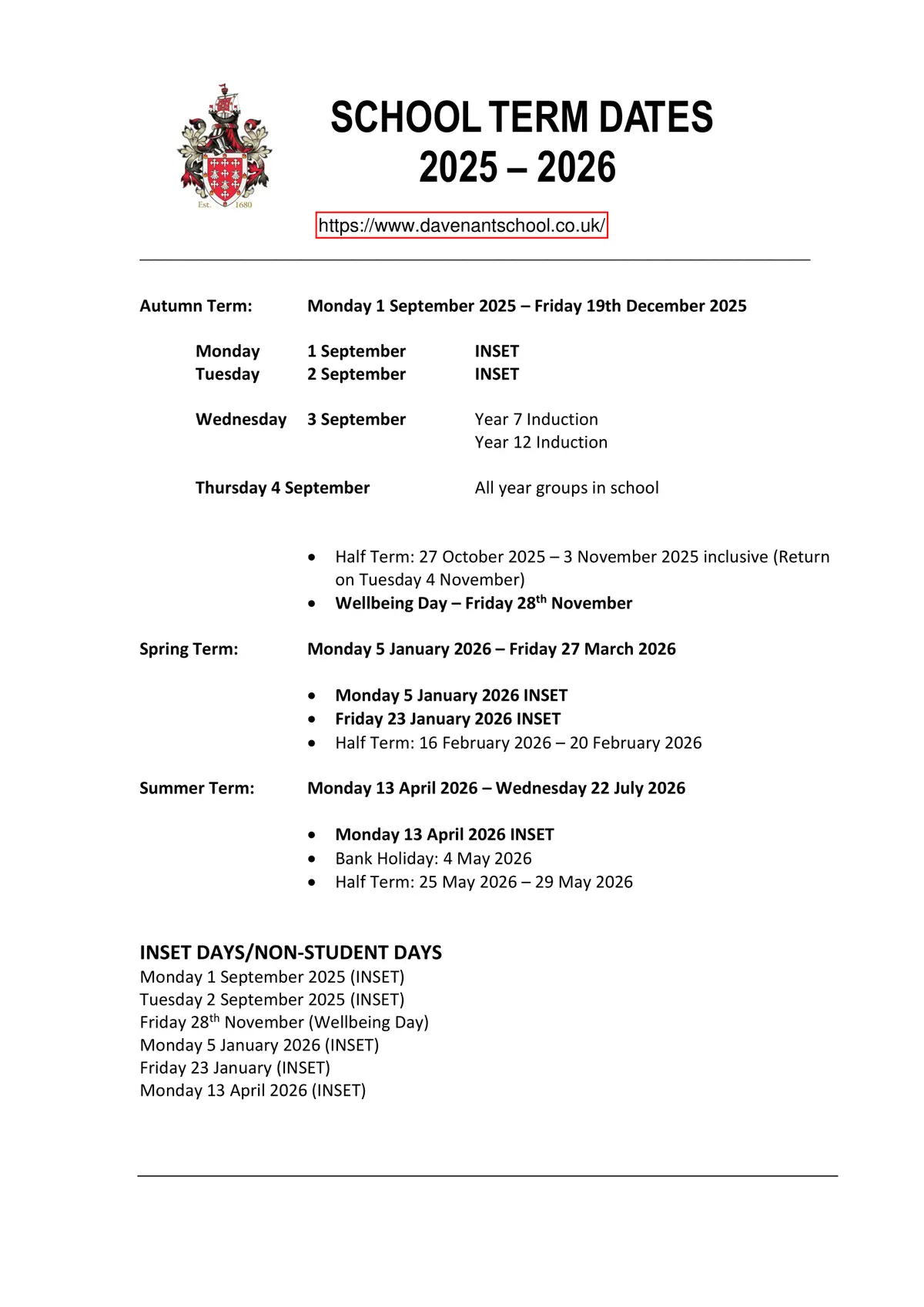 Davenant Foundation School term dates