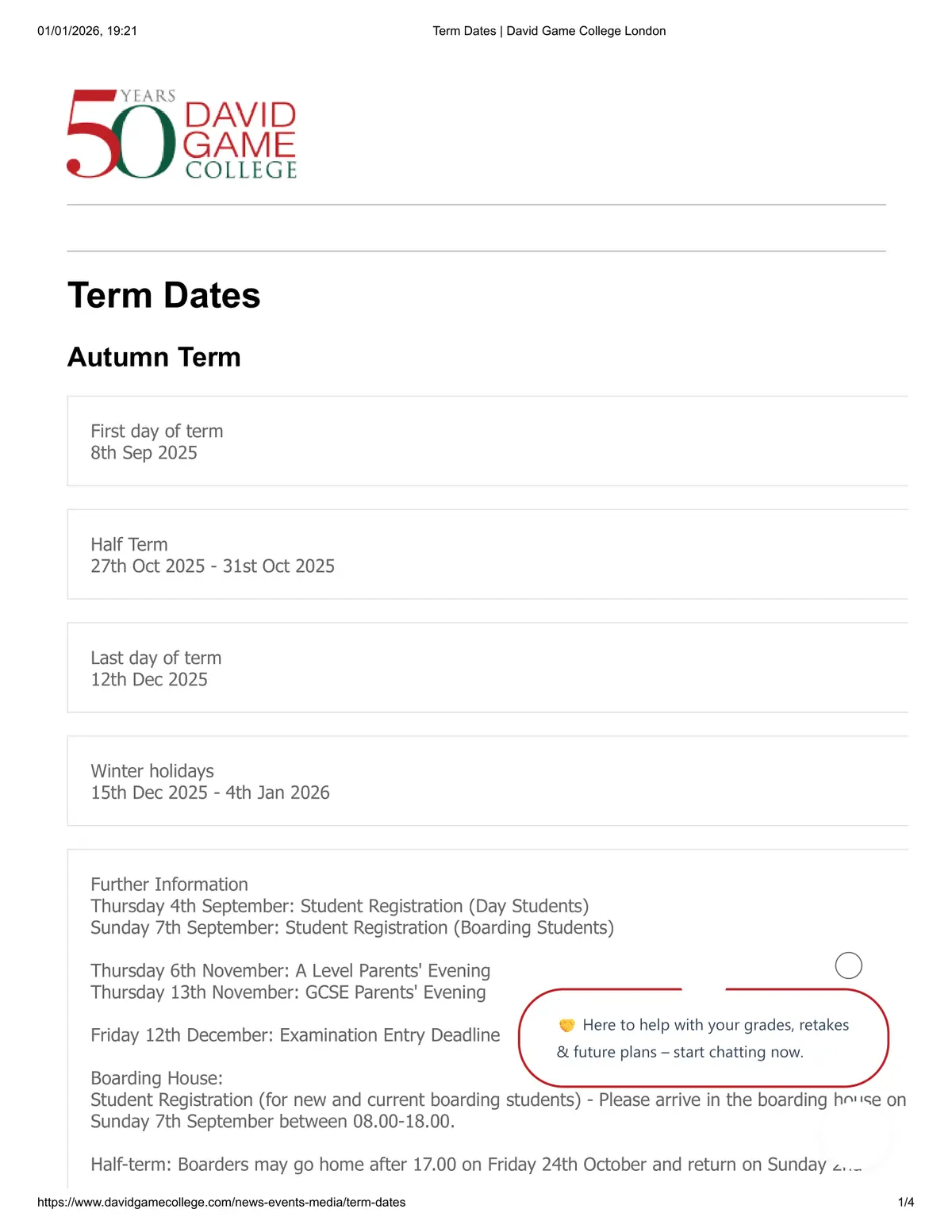 David Game College term dates