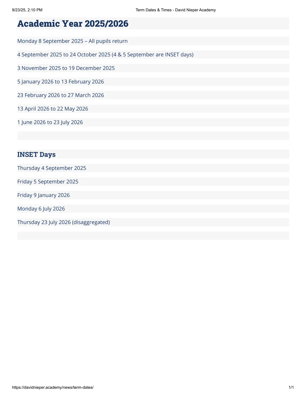 David Nieper Academy term dates