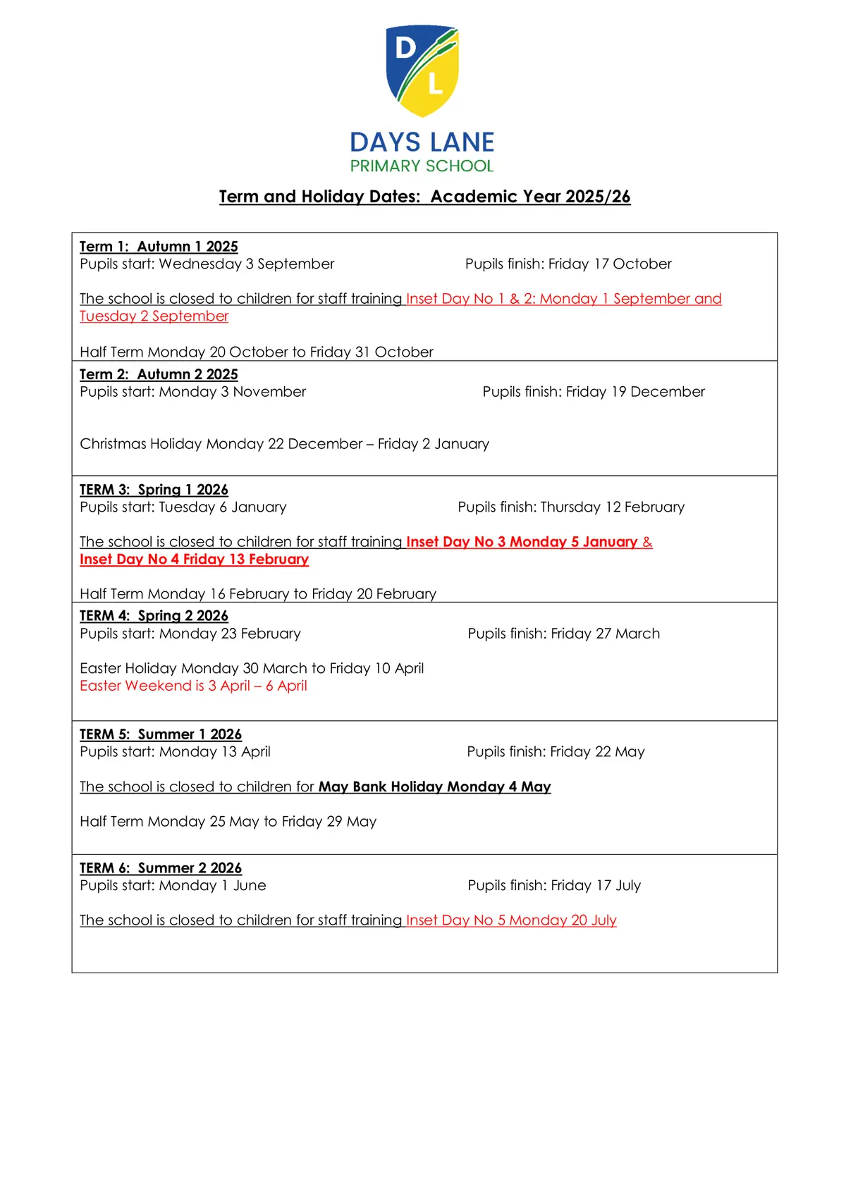 Days Lane Primary School term dates