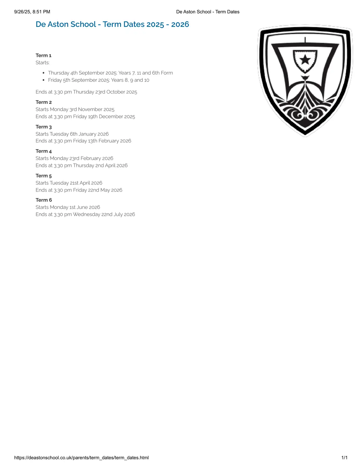 De Aston School term dates