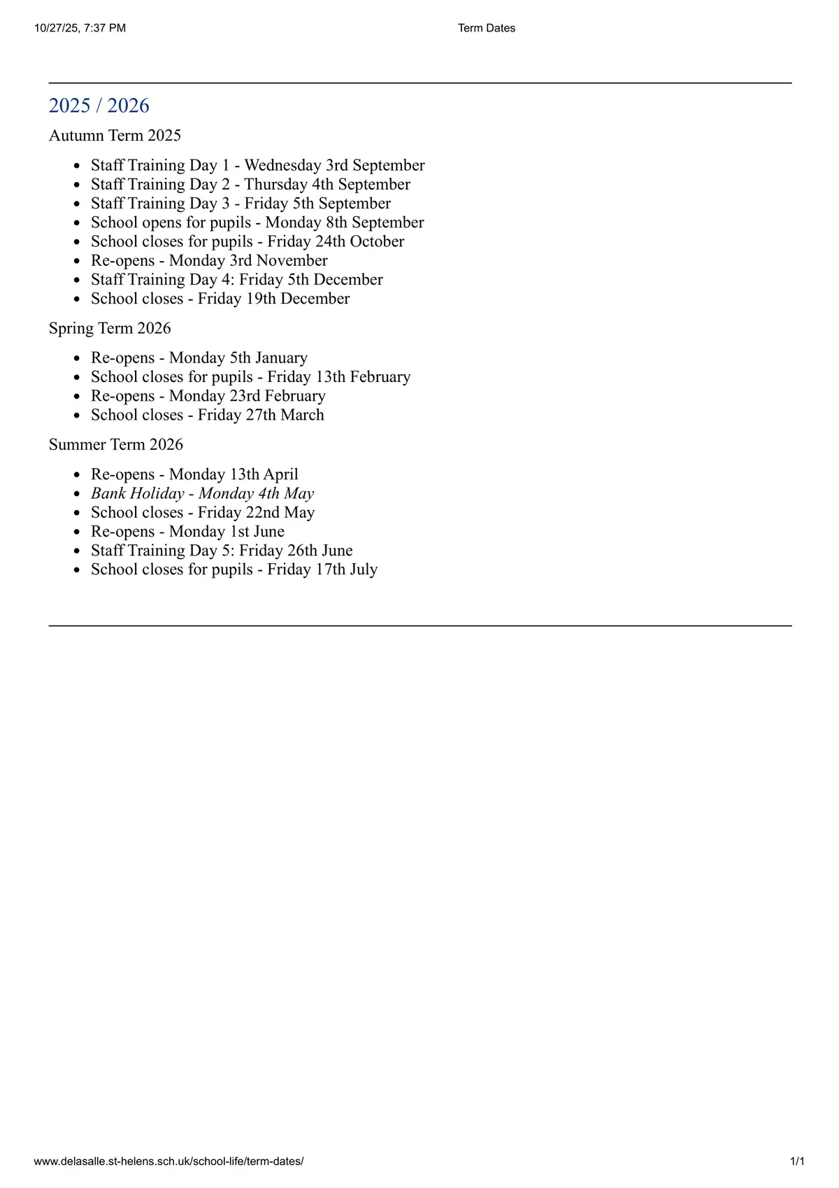 De La Salle School term dates