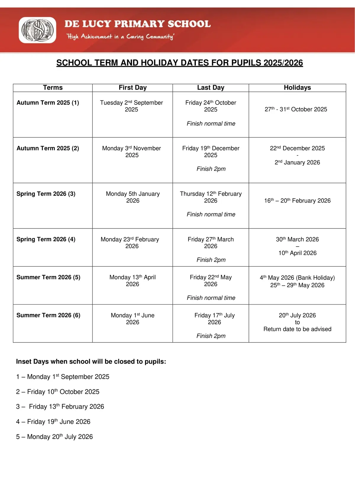 De Lucy Primary School term dates