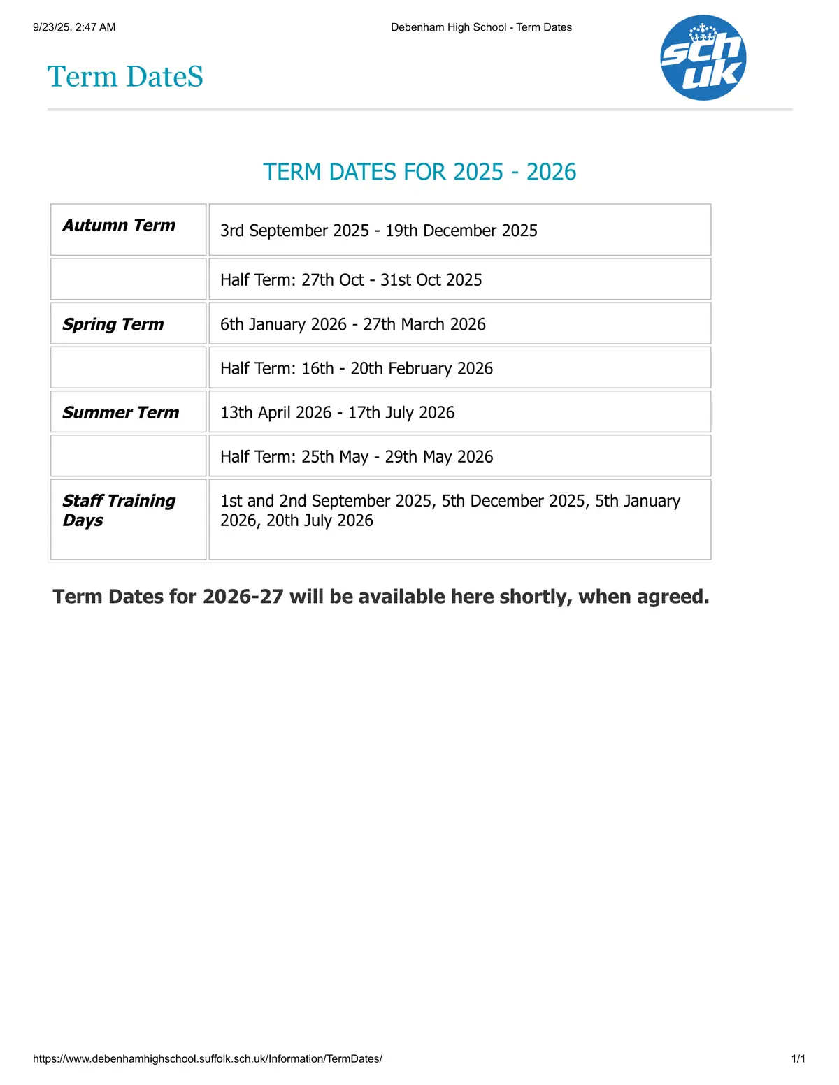 Debenham High School term dates