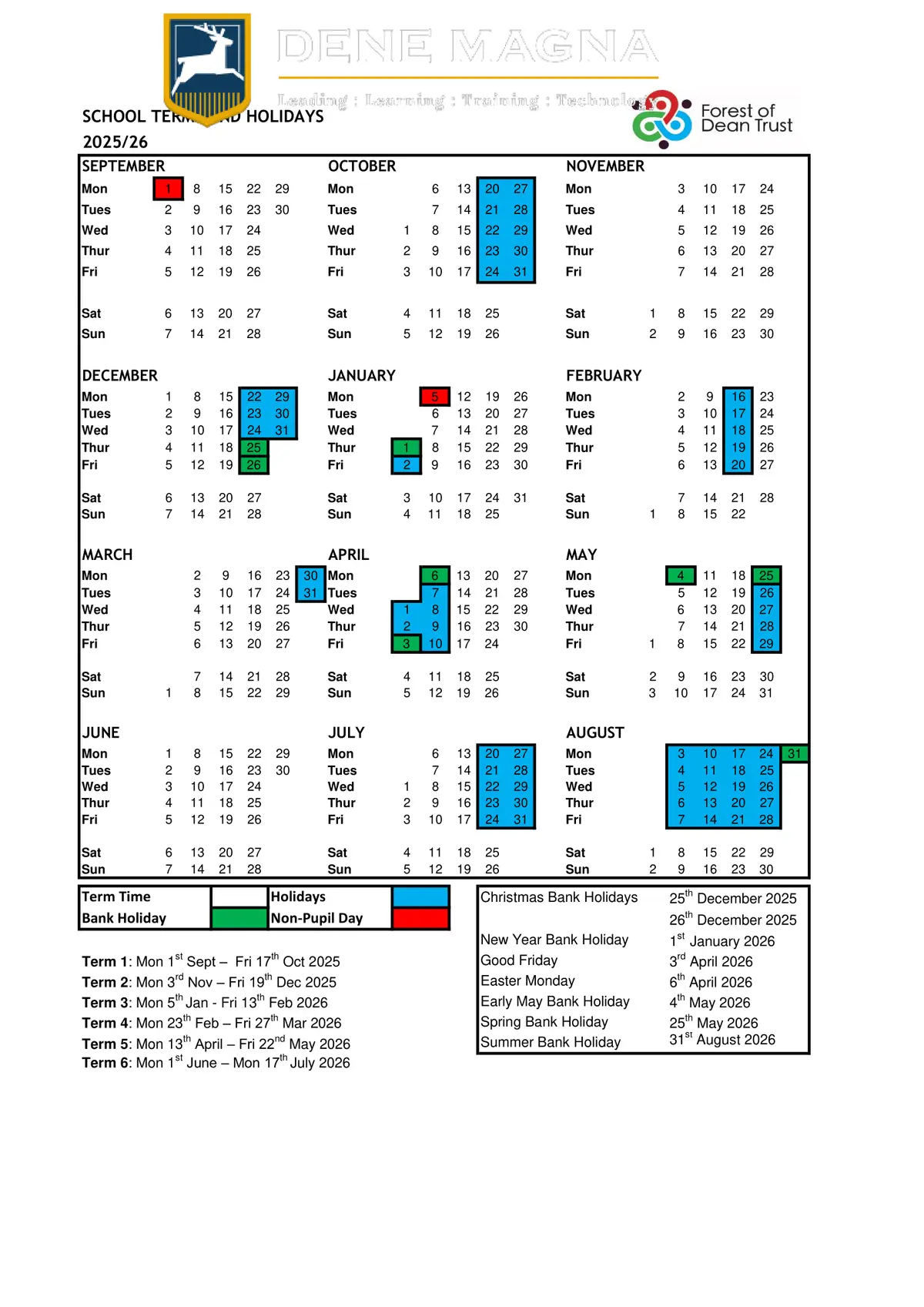 Dene Magna and Sixth Form term dates