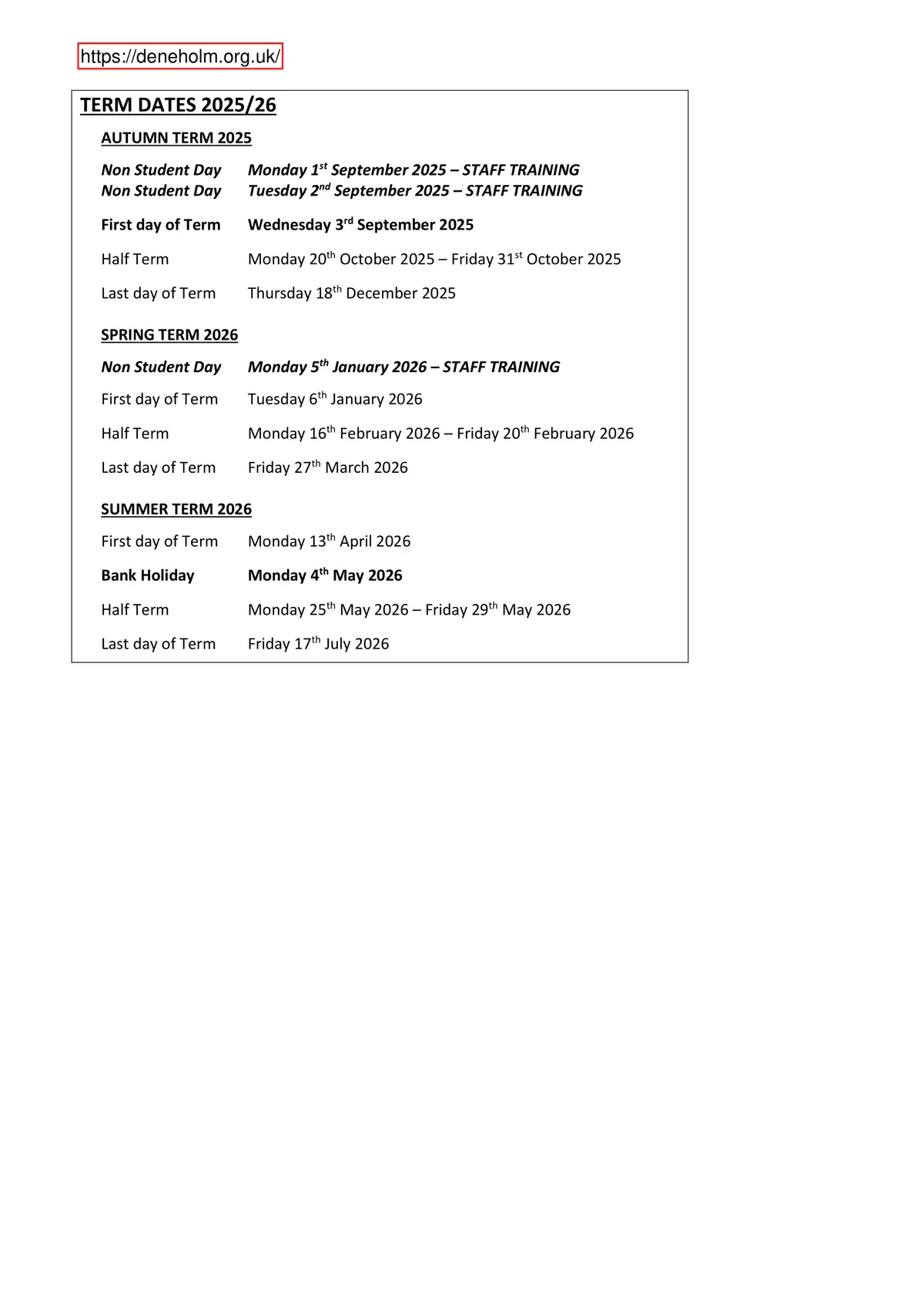Deneholm Primary School term dates
