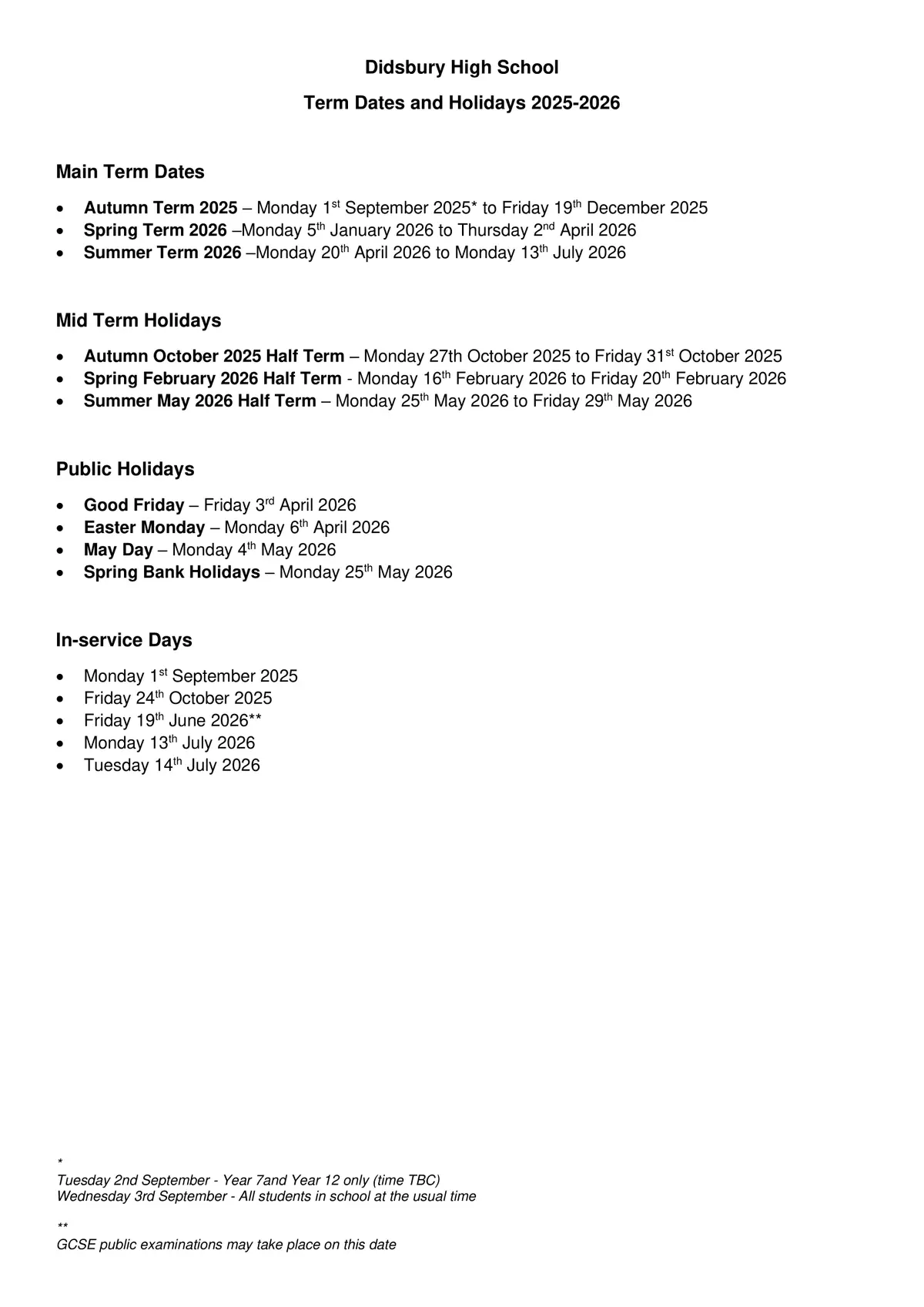 Didsbury High School term dates