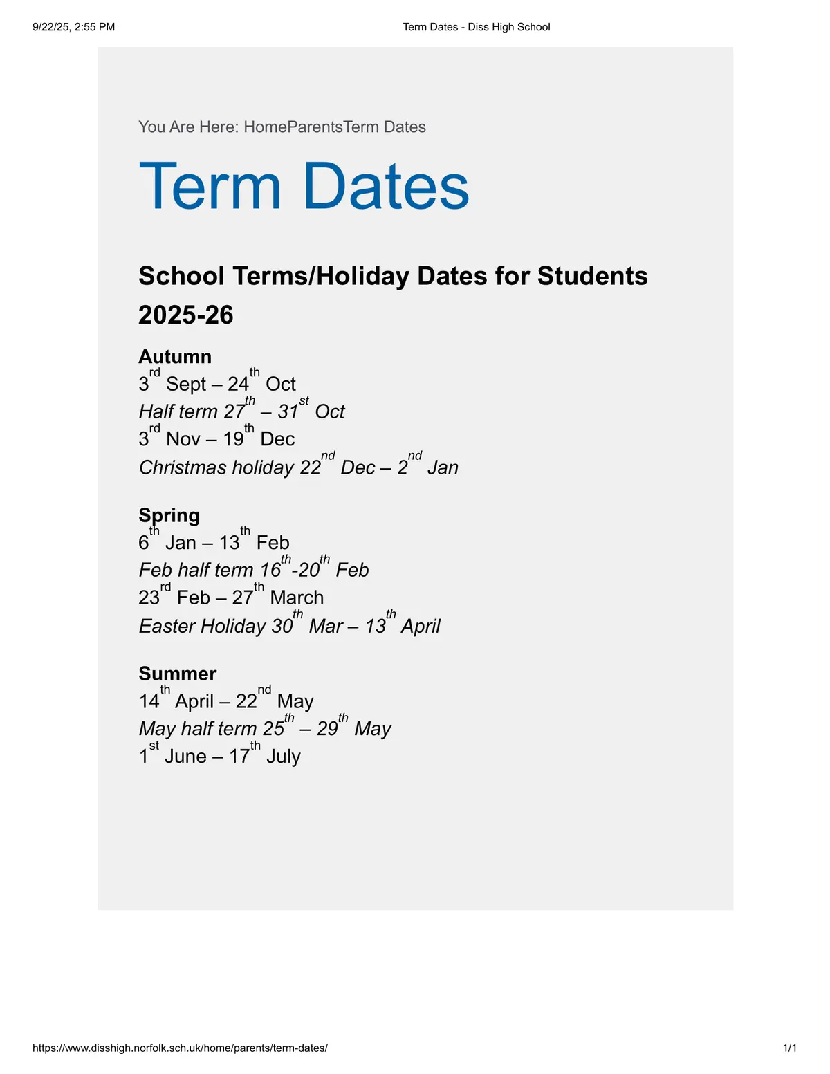 Diss High School term dates