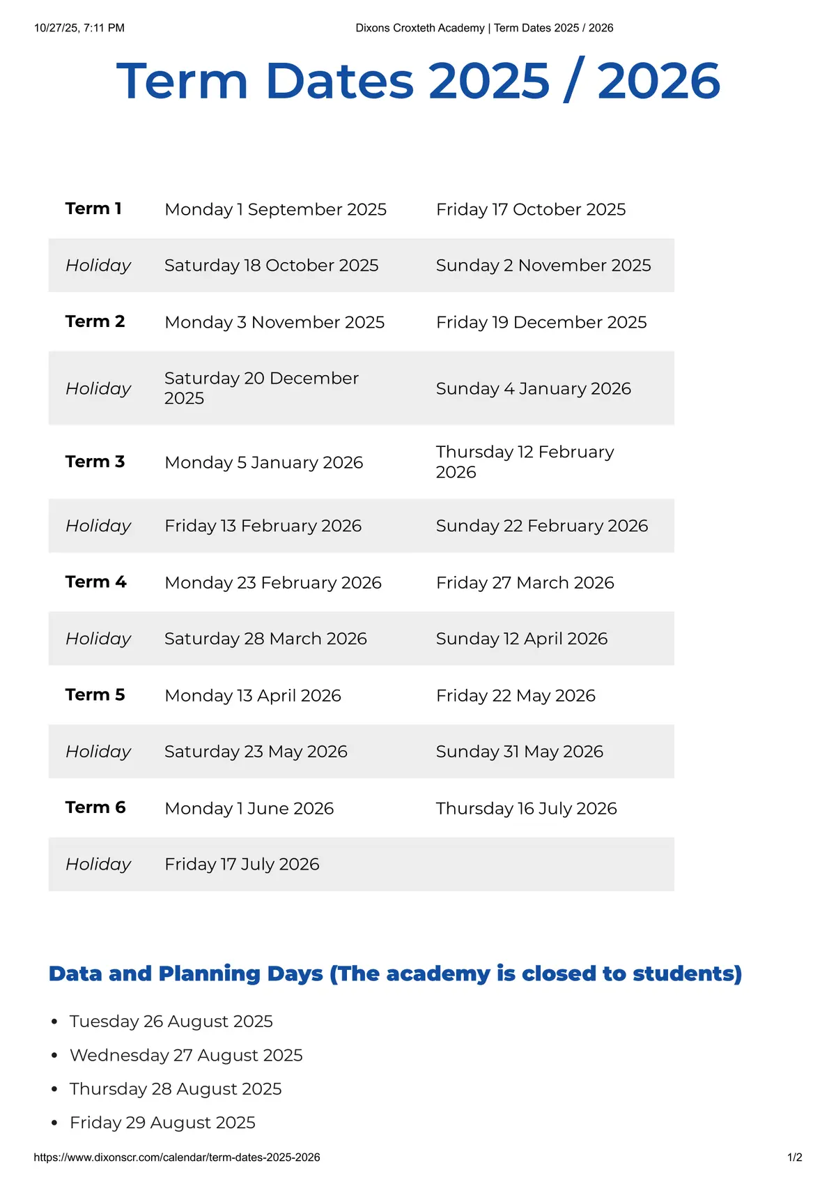 Dixons Croxteth Academy term dates