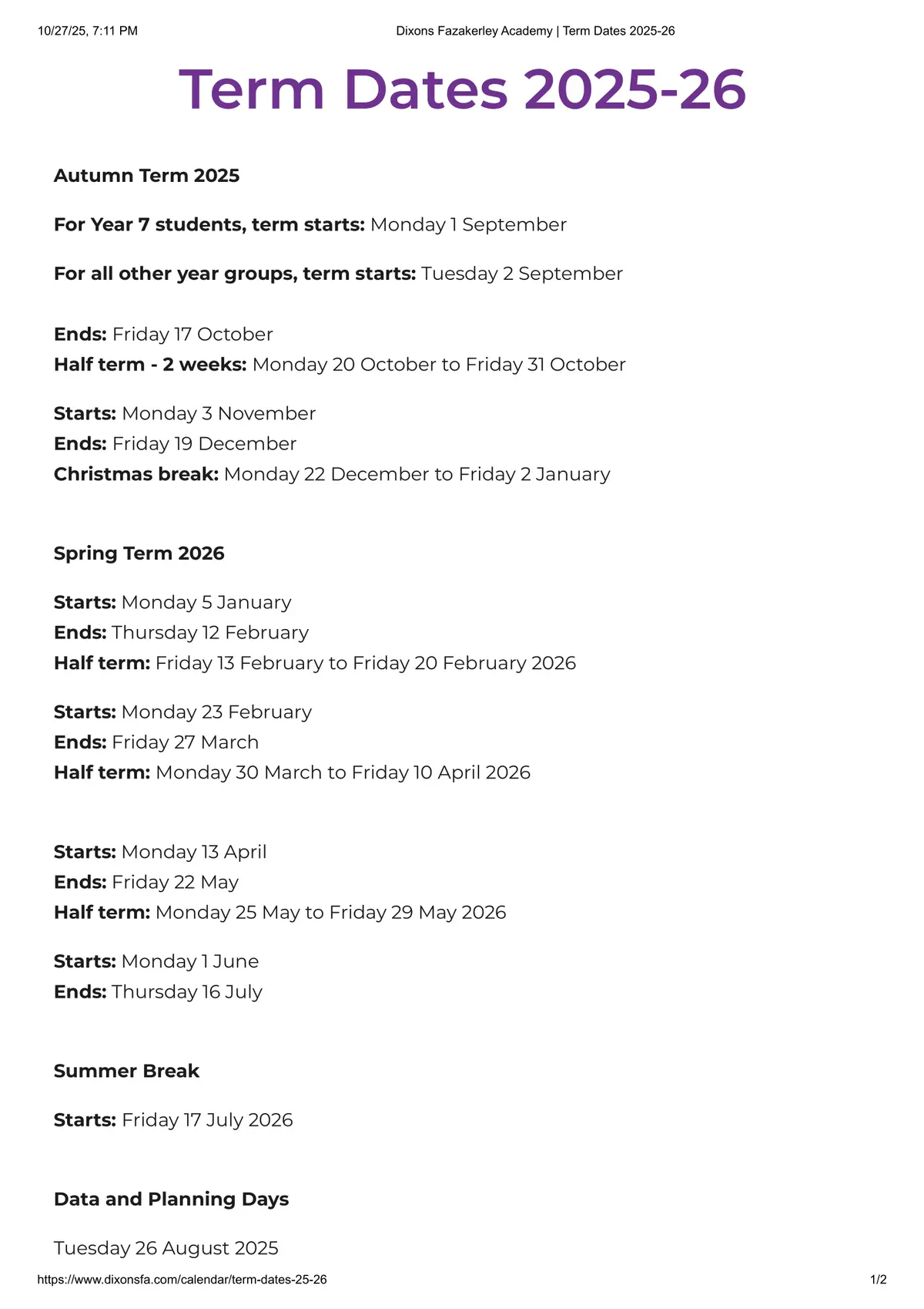 Dixons Fazakerley Academy term dates