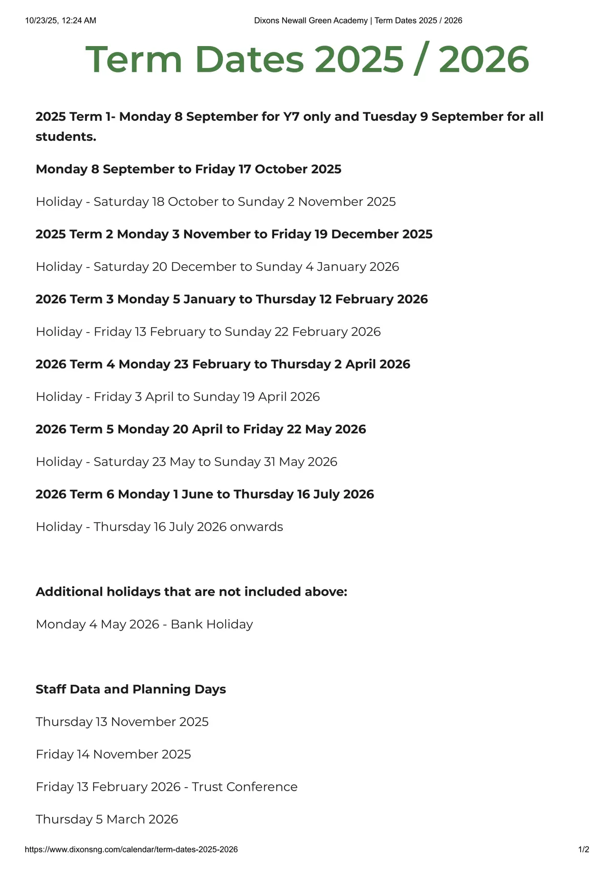 Dixons Newall Green Academy term dates