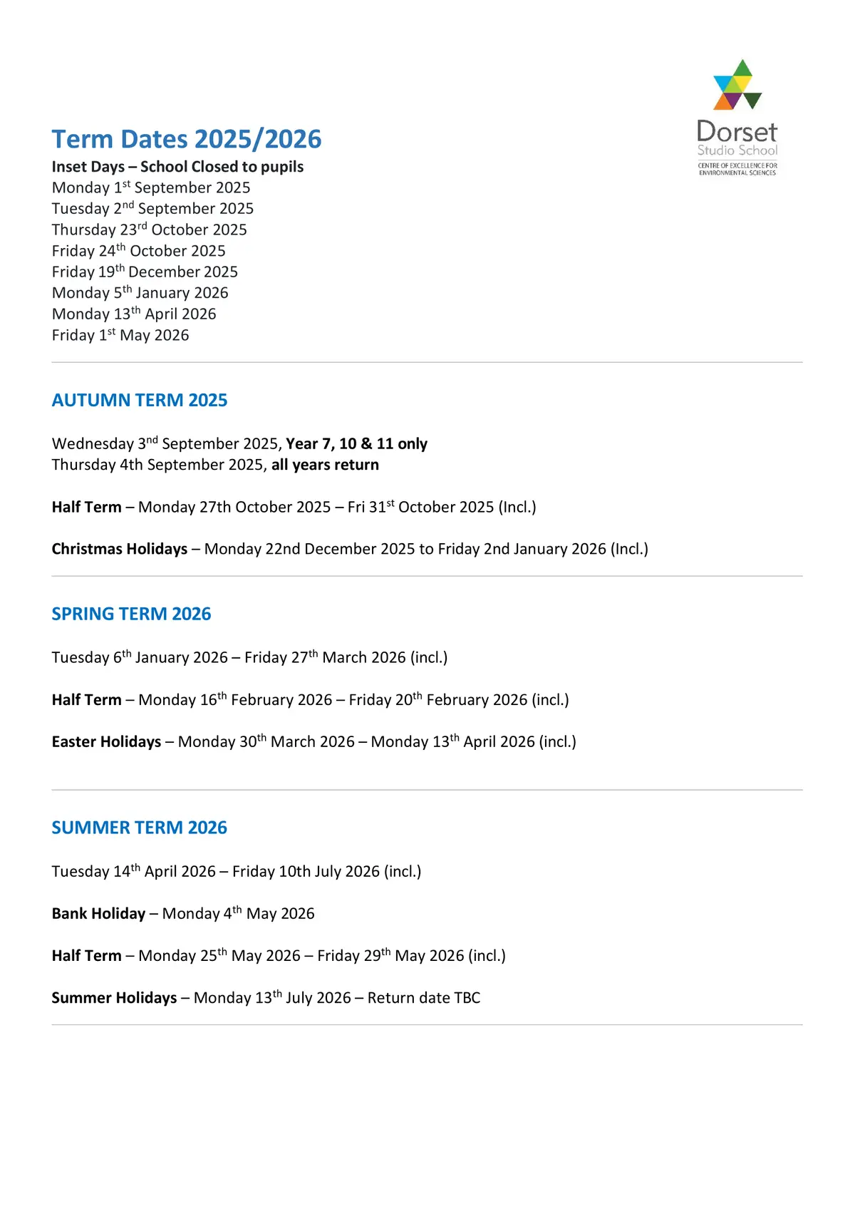 Dorset Studio School term dates