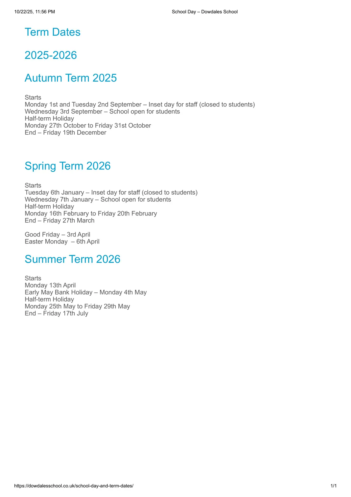 Dowdales School term dates