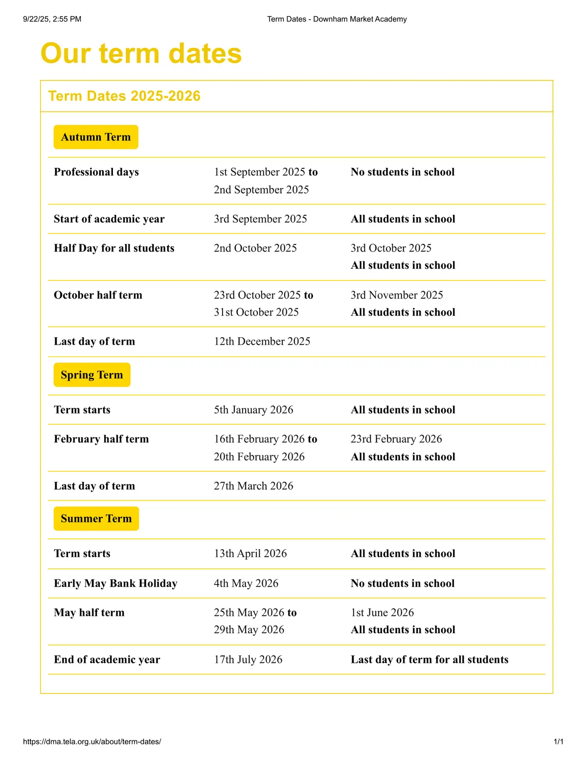 Downham Market Academy term dates