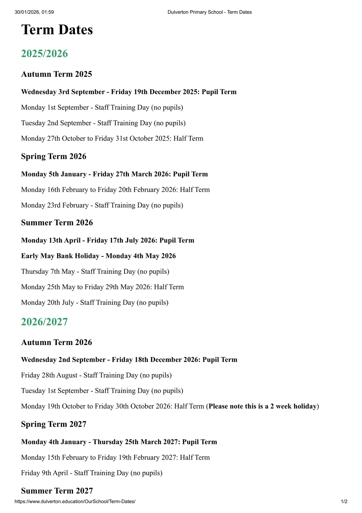 Dulverton Primary School term dates