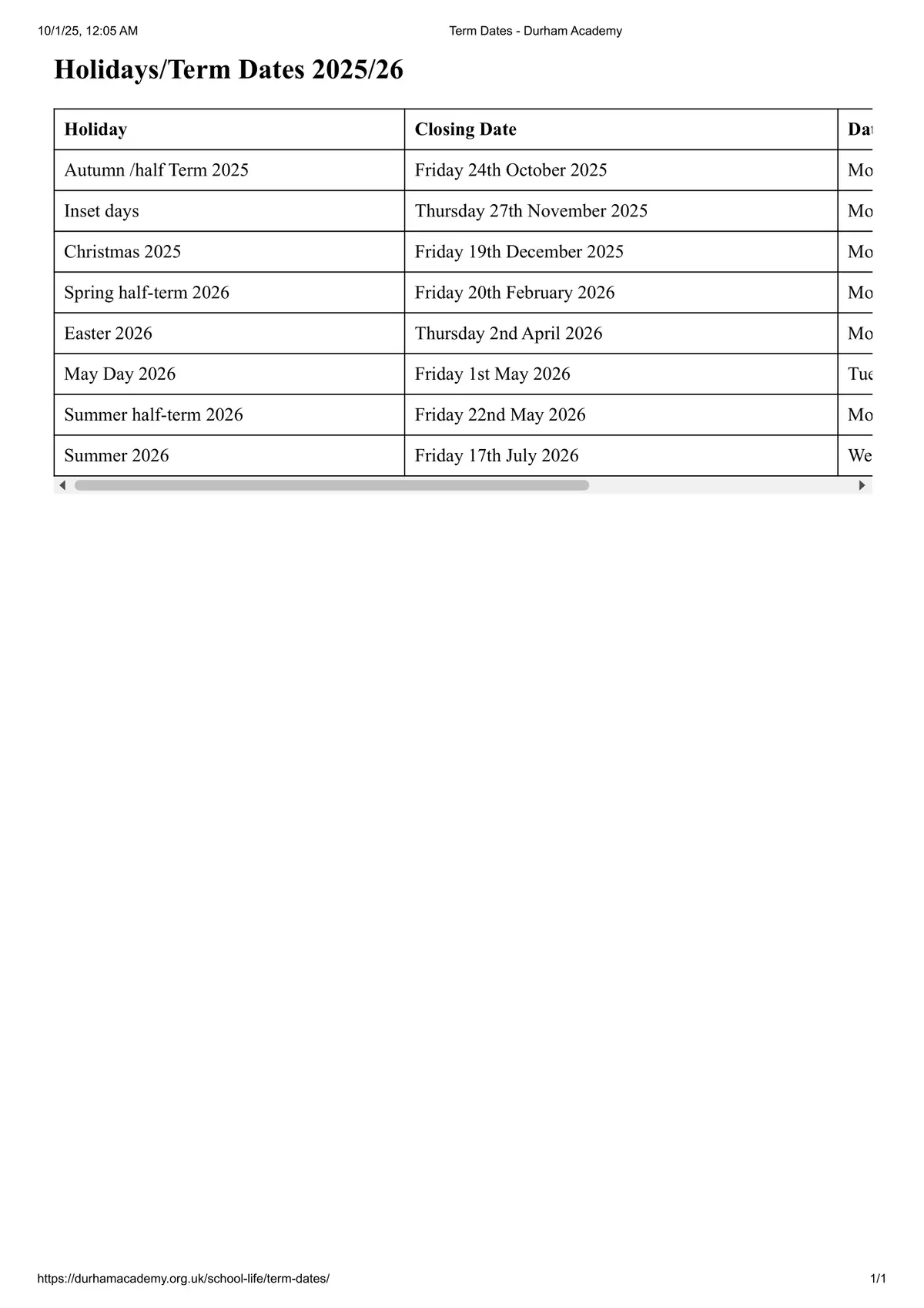 Durham Academy term dates