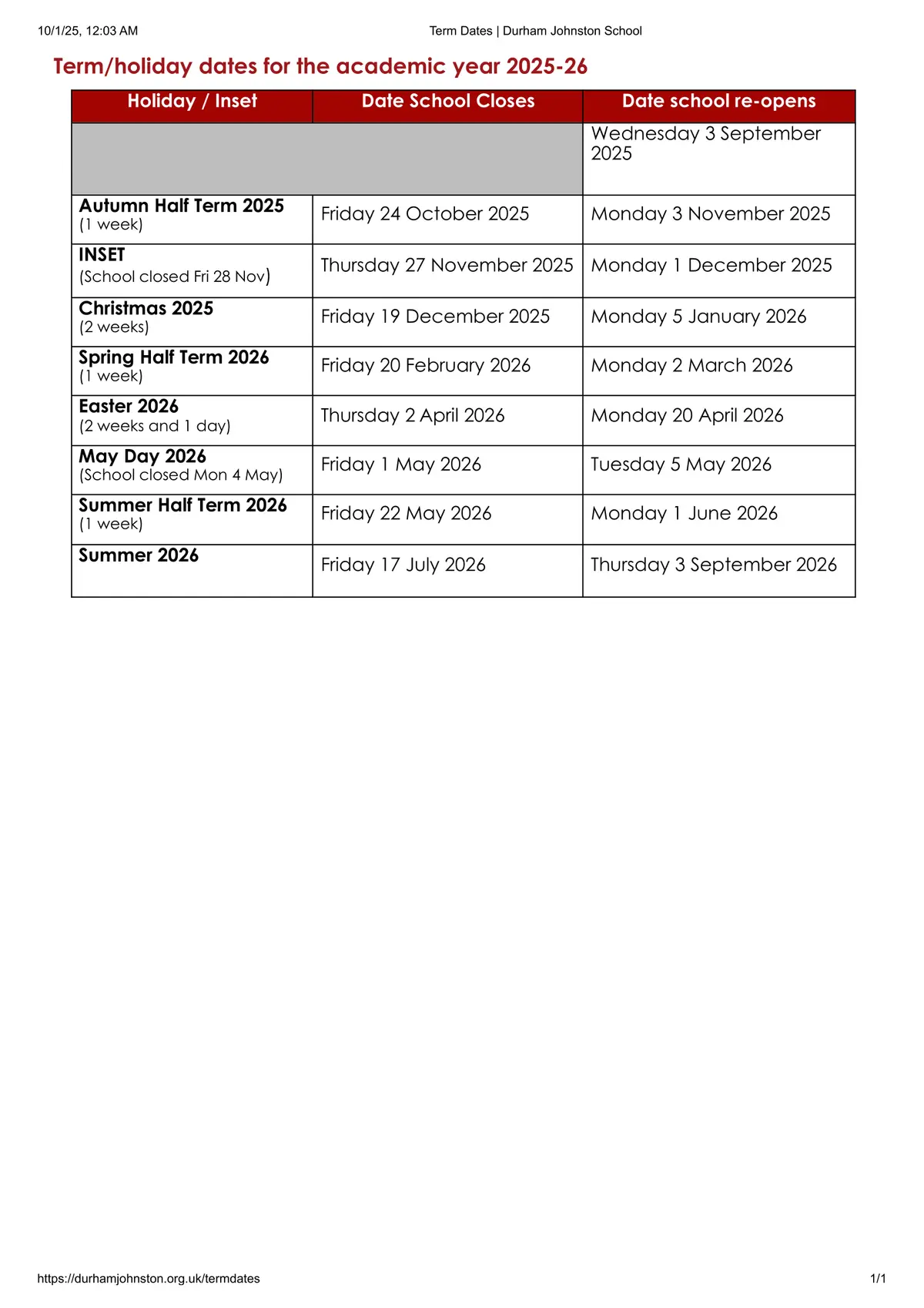 Durham Johnston Comprehensive School term dates