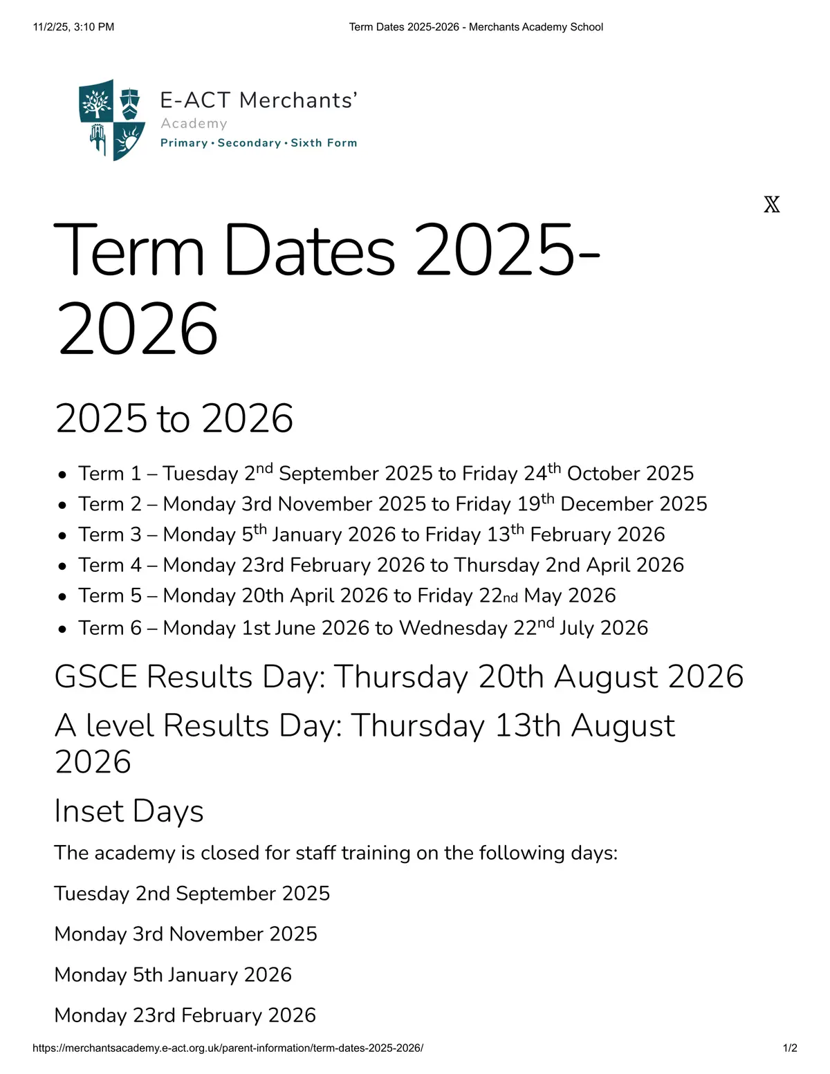 E-Act Merchants' Academy term dates