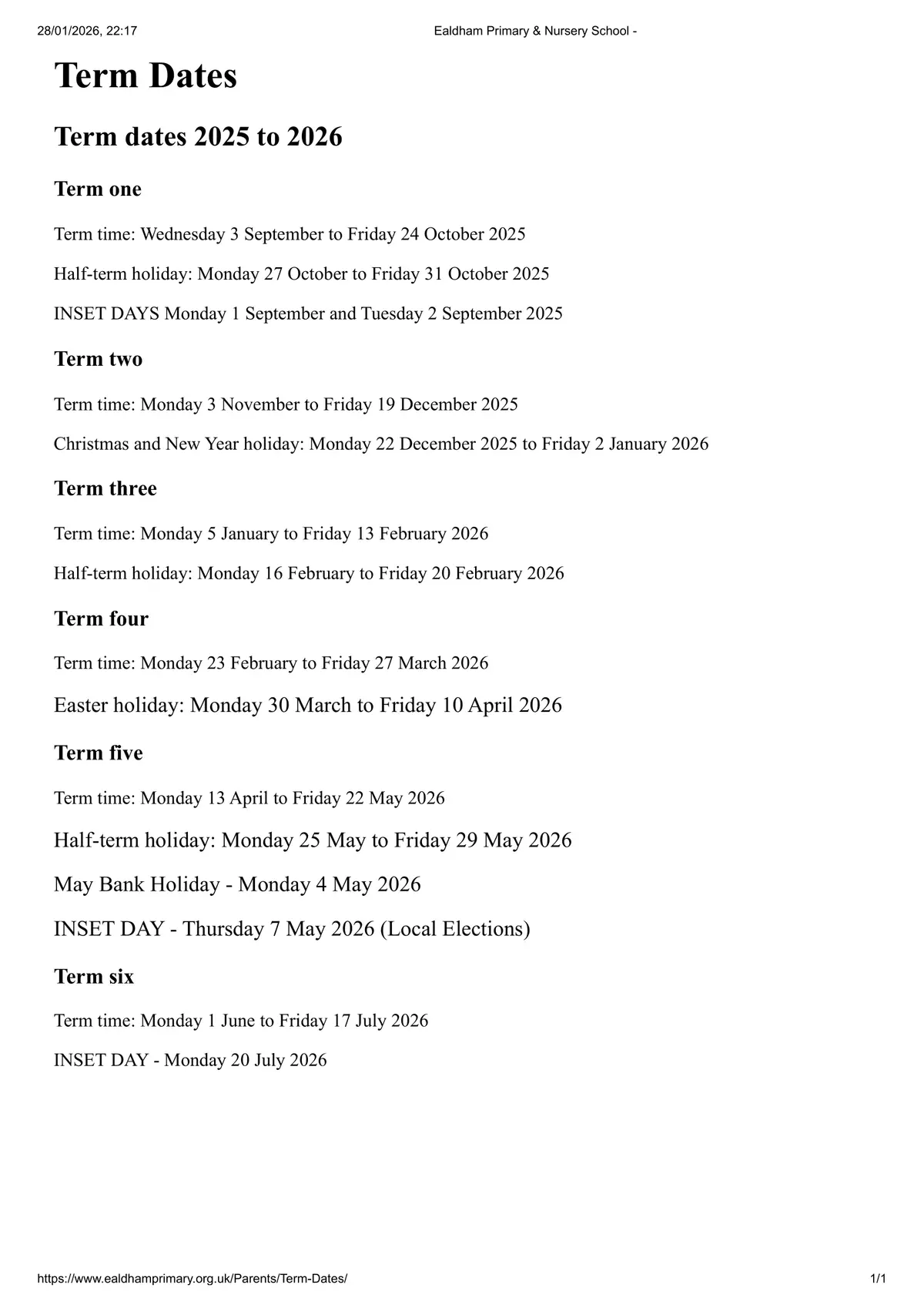 Ealdham Primary School term dates