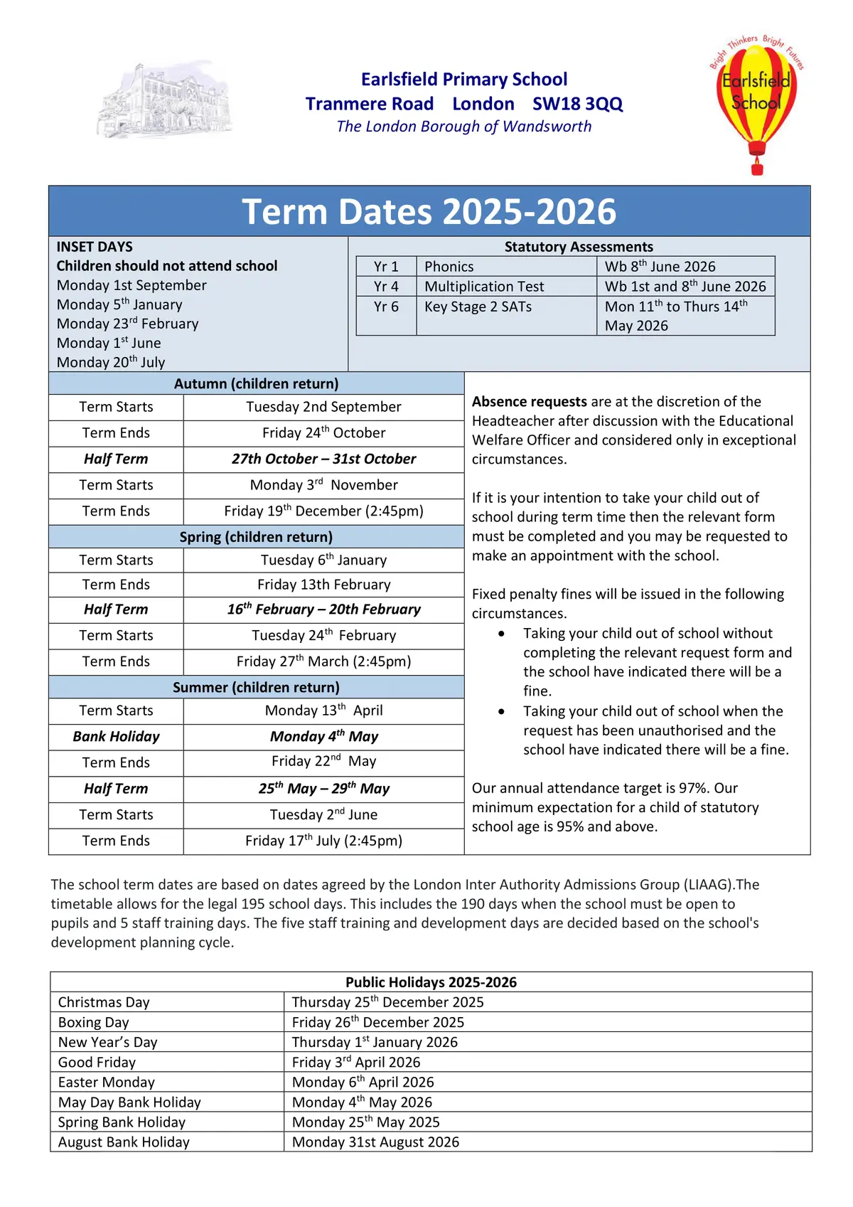Earlsfield Primary School term dates