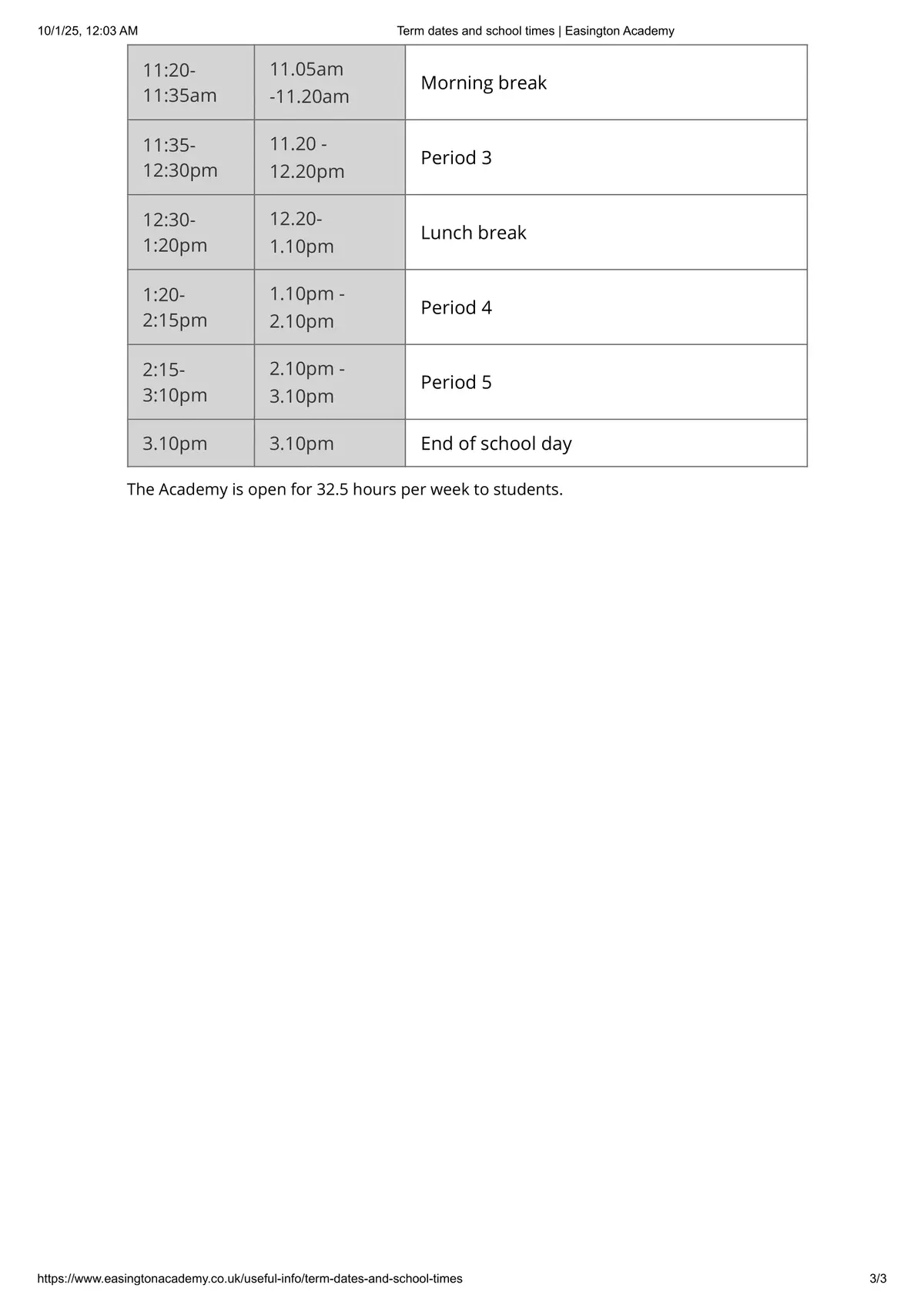 Easington Academy term dates