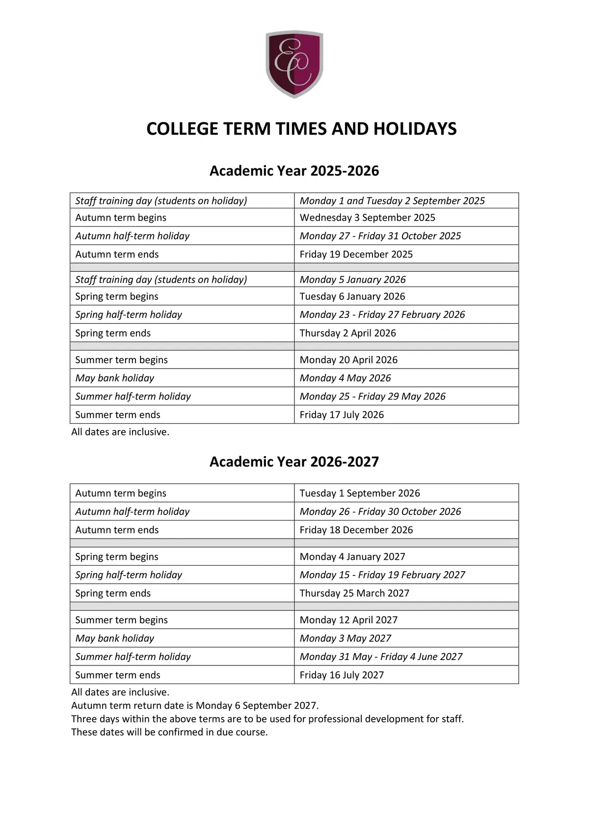 Easington Academy term dates