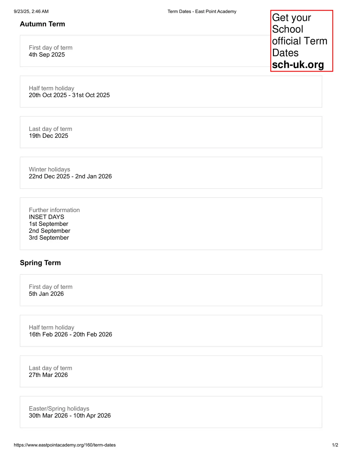 East Point Academy term dates