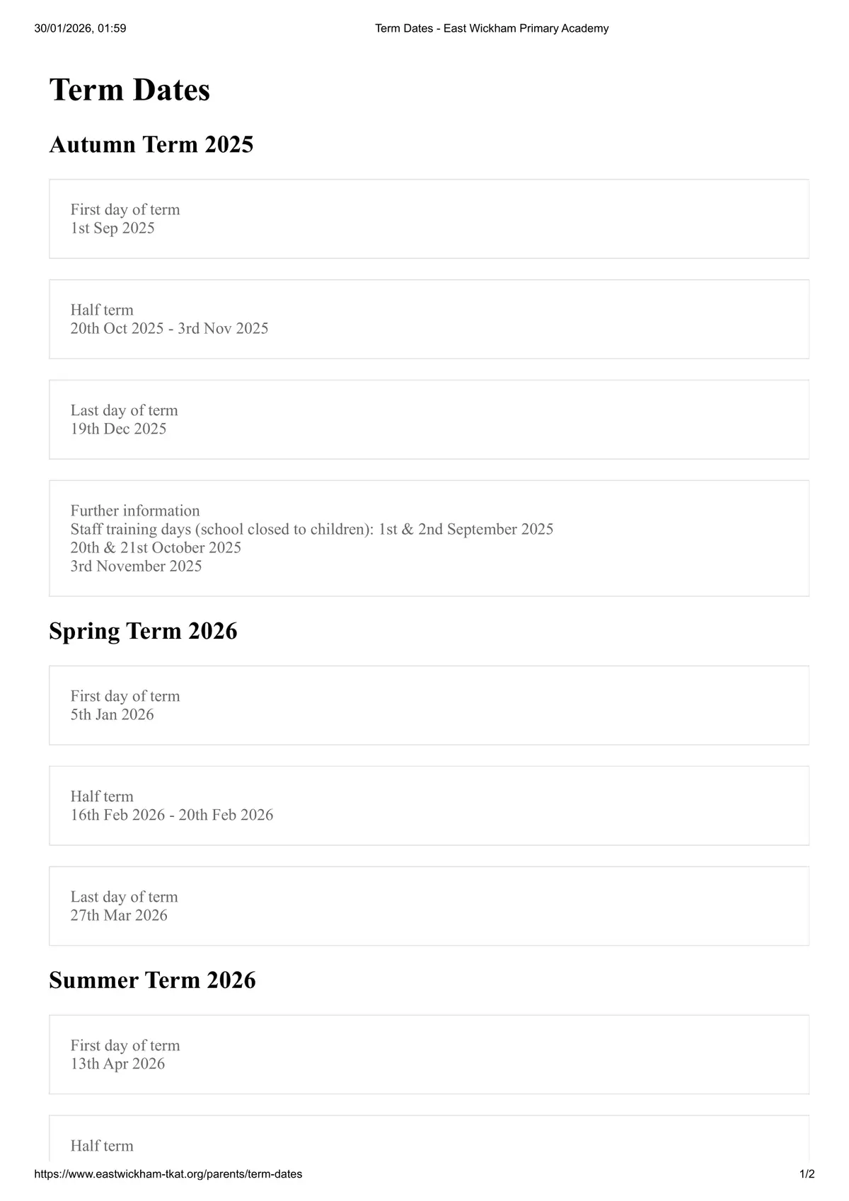 East Wickham Primary Academy term dates