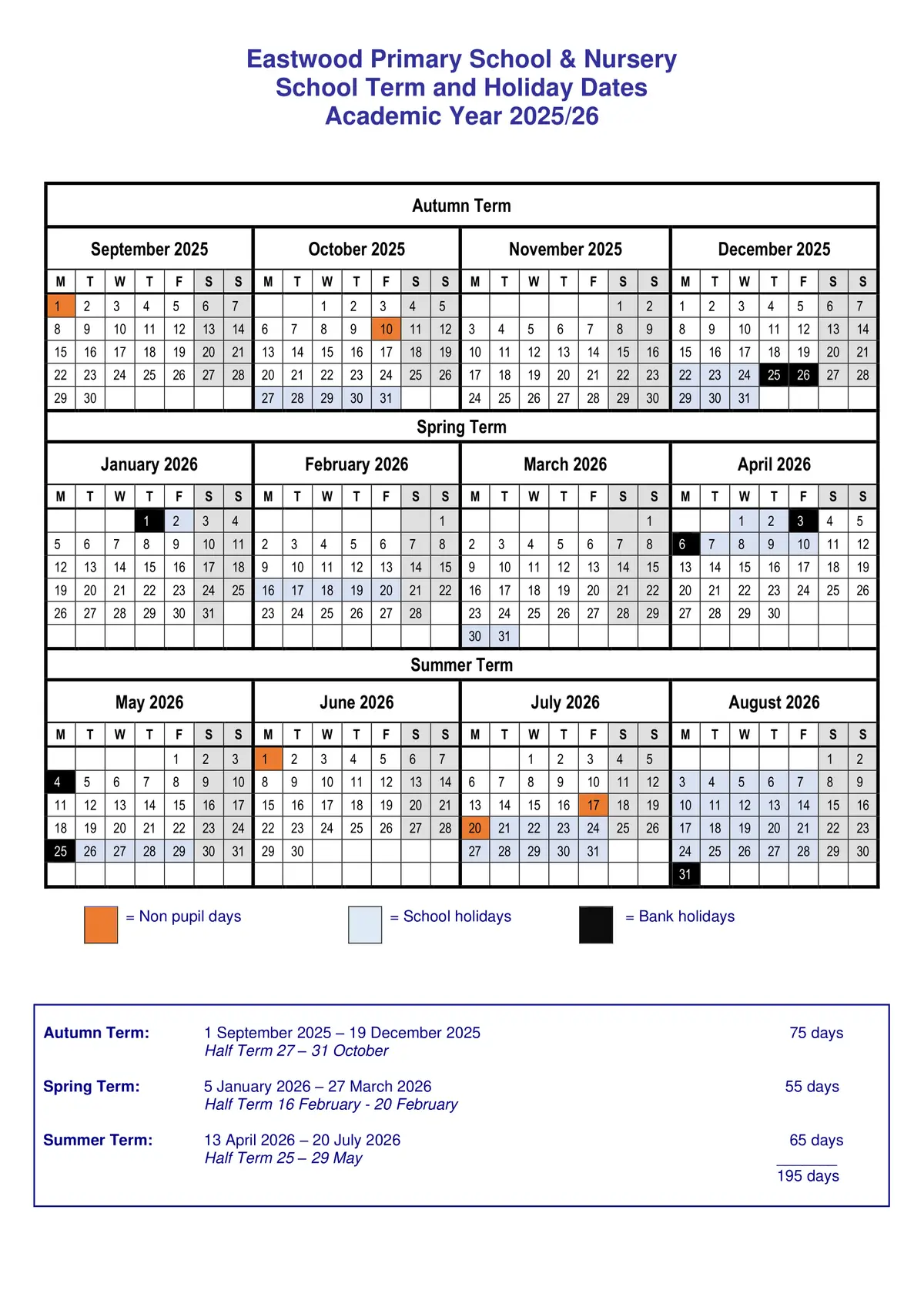 Eastwood Primary School & Nursery term dates